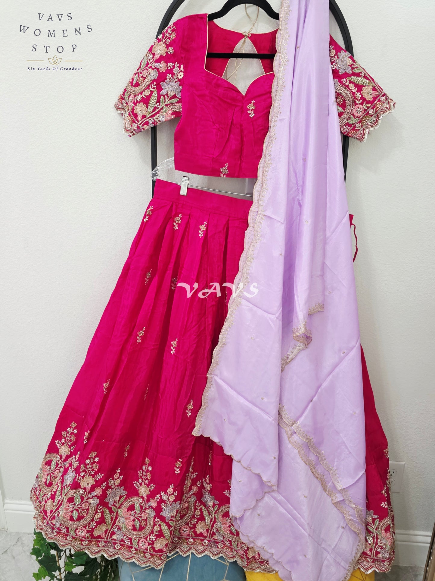 Regal Rani Pink & Lavender Mist Munga Crepe Silk Designer Embroidered Lehenga Half Saree Set with Stitched Blouse Size 36-42