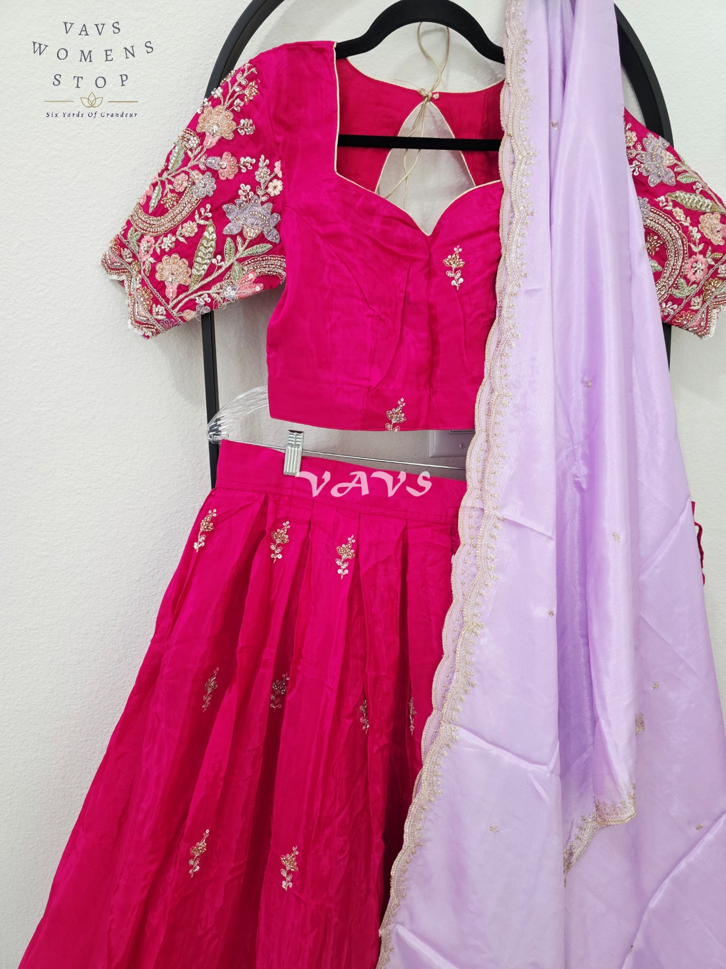 Regal Rani Pink & Lavender Mist Munga Crepe Silk Designer Embroidered Lehenga Half Saree Set with Stitched Blouse Size 36-42