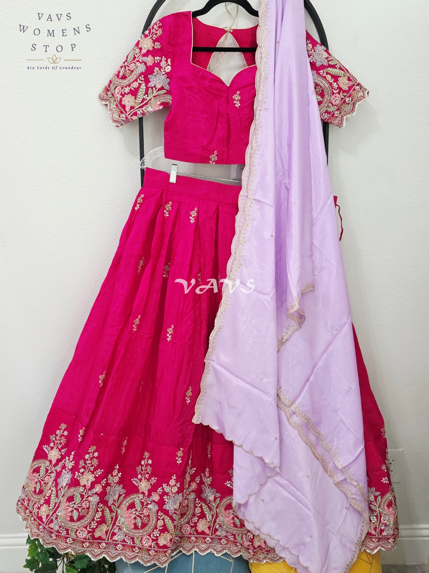 Regal Rani Pink & Lavender Mist Munga Crepe Silk Designer Embroidered Lehenga Half Saree Set with Stitched Blouse Size 36-42