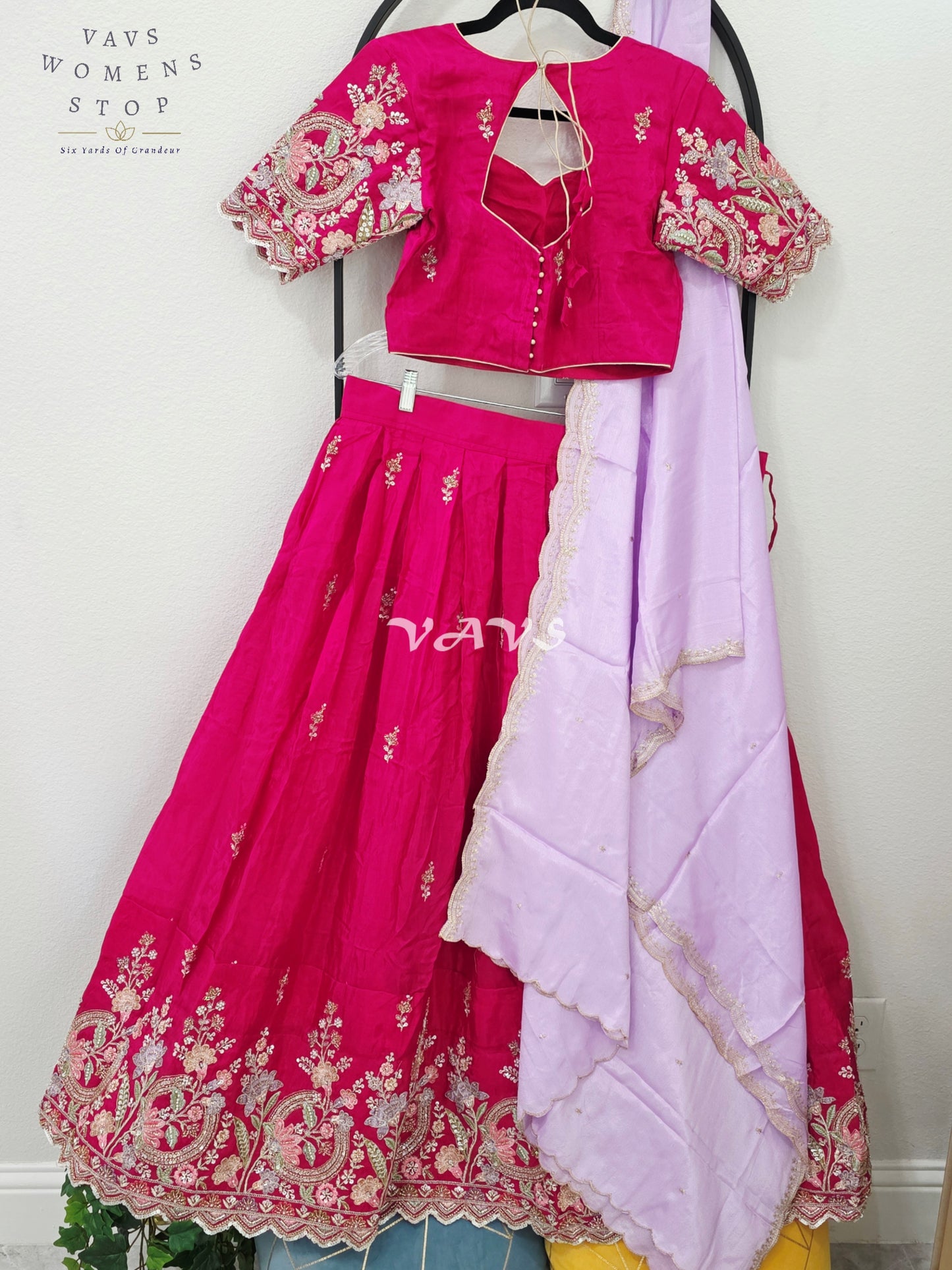 Regal Rani Pink & Lavender Mist Munga Crepe Silk Designer Embroidered Lehenga Half Saree Set with Stitched Blouse Size 36-42