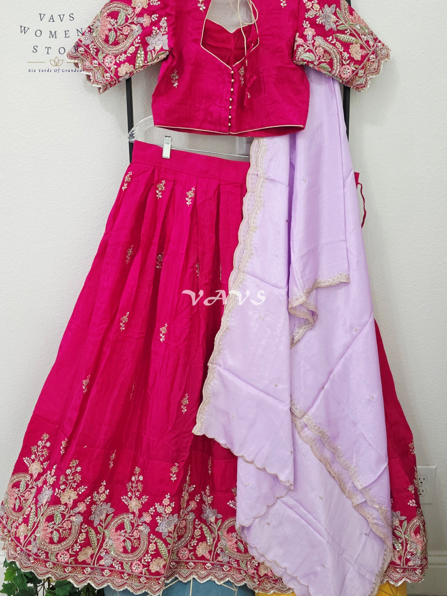 Regal Rani Pink & Lavender Mist Munga Crepe Silk Designer Embroidered Lehenga Half Saree Set with Stitched Blouse Size 36-42