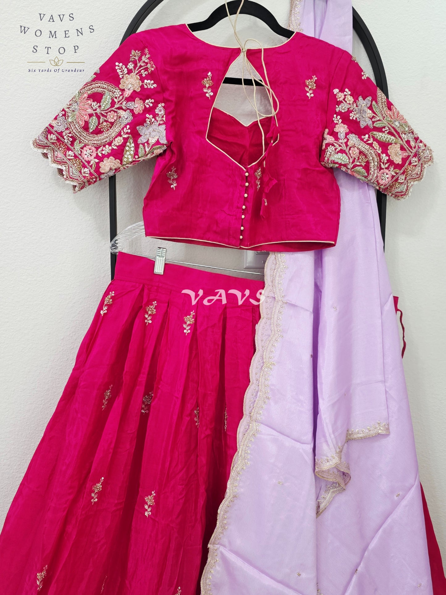 Regal Rani Pink & Lavender Mist Munga Crepe Silk Designer Embroidered Lehenga Half Saree Set with Stitched Blouse Size 36-42