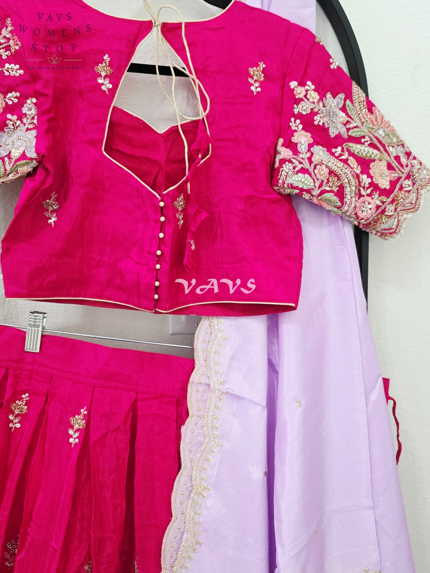 Regal Rani Pink & Lavender Mist Munga Crepe Silk Designer Embroidered Lehenga Half Saree Set with Stitched Blouse Size 36-42