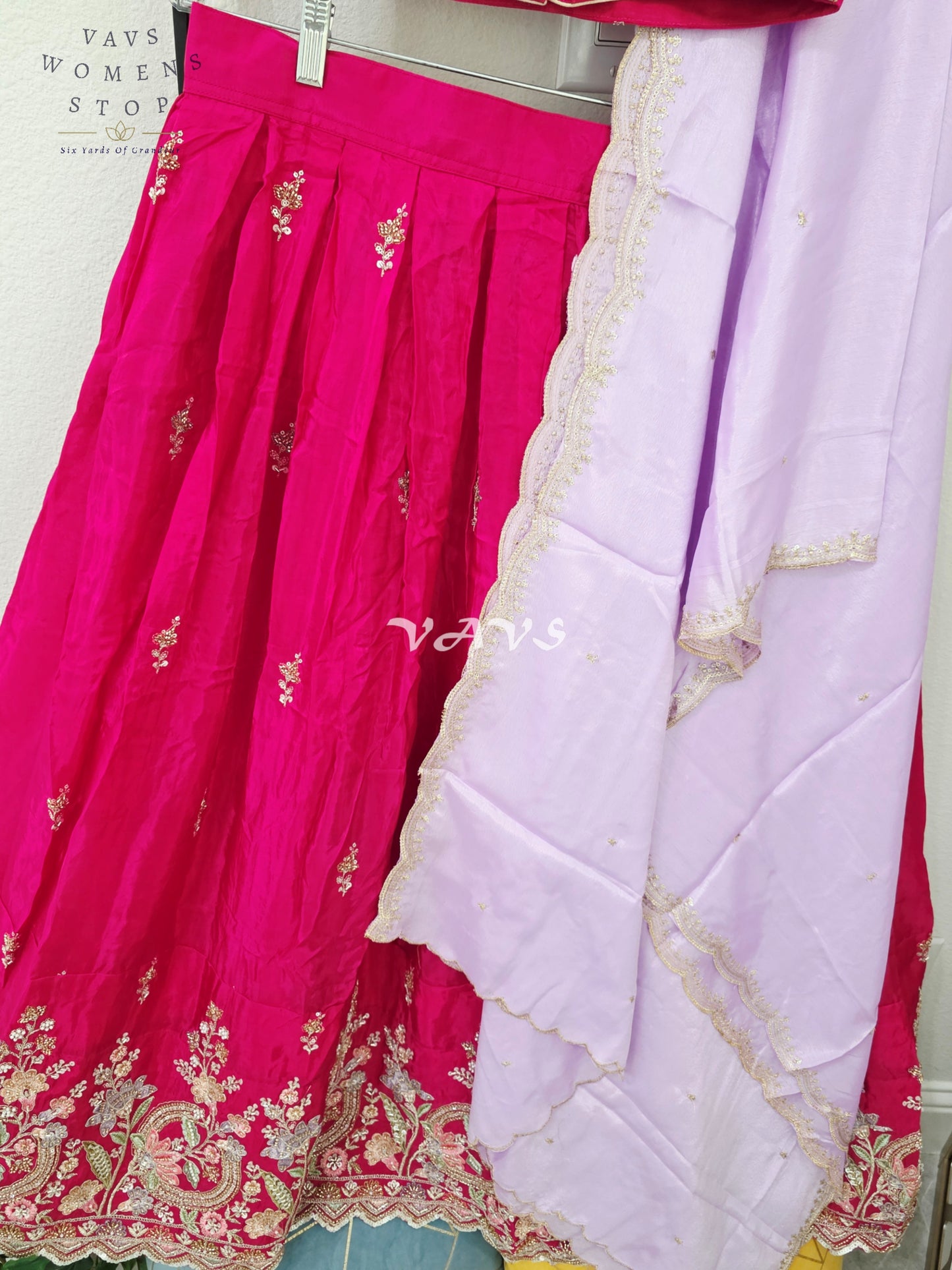 Regal Rani Pink & Lavender Mist Munga Crepe Silk Designer Embroidered Lehenga Half Saree Set with Stitched Blouse Size 36-42