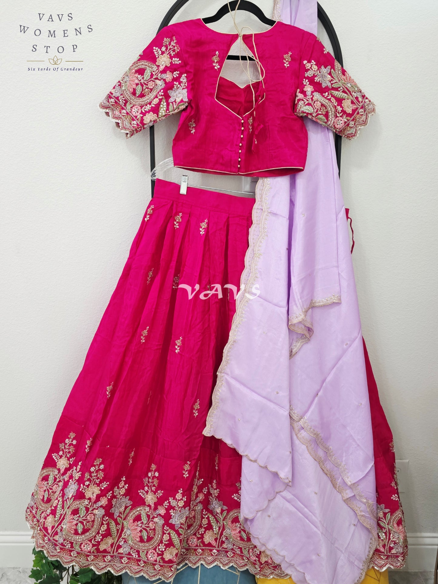 Regal Rani Pink & Lavender Mist Munga Crepe Silk Designer Embroidered Lehenga Half Saree Set with Stitched Blouse Size 36-42
