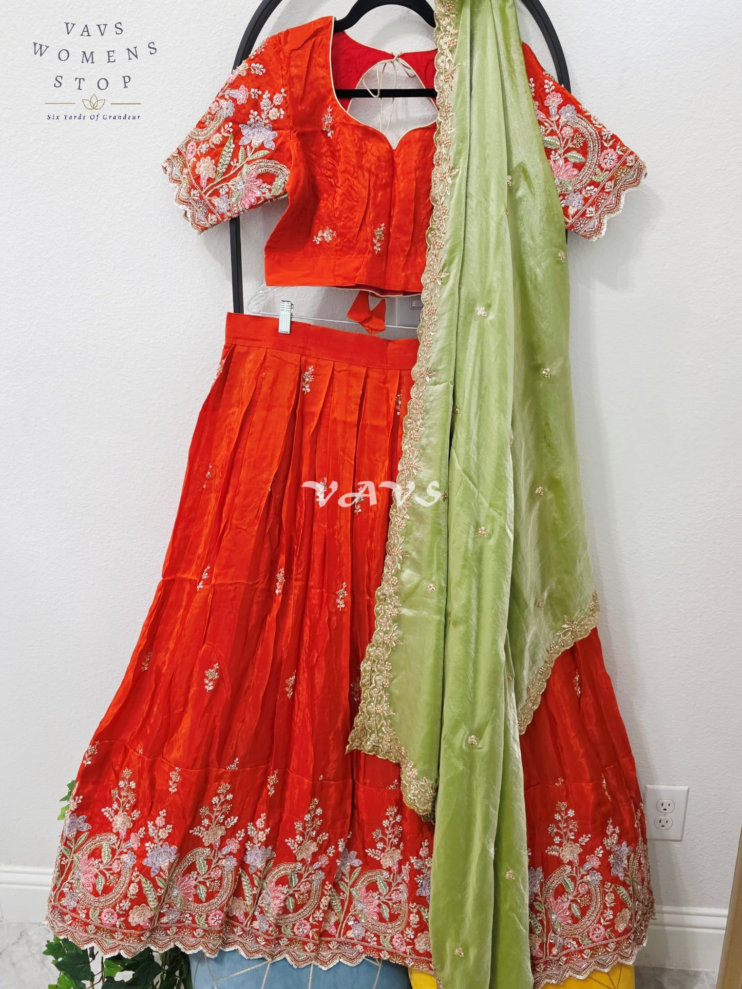 Regal Vermilion Orange & Pistachio Green Munga Crepe Silk Designer Embroidered Lehenga Half Saree Set with Stitched Blouse Size 38-44