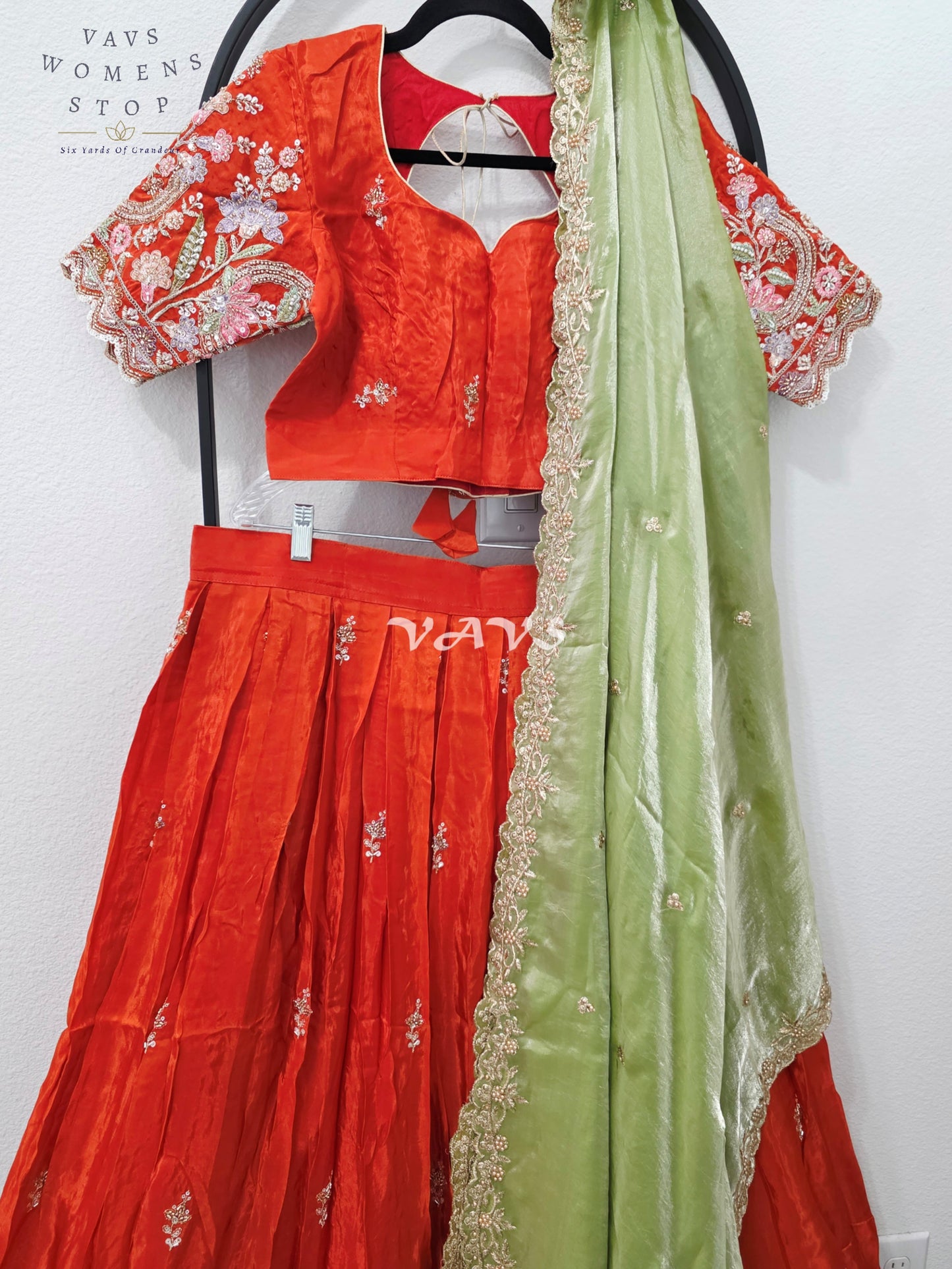 Regal Vermilion Orange & Pistachio Green Munga Crepe Silk Designer Embroidered Lehenga Half Saree Set with Stitched Blouse Size 38-44
