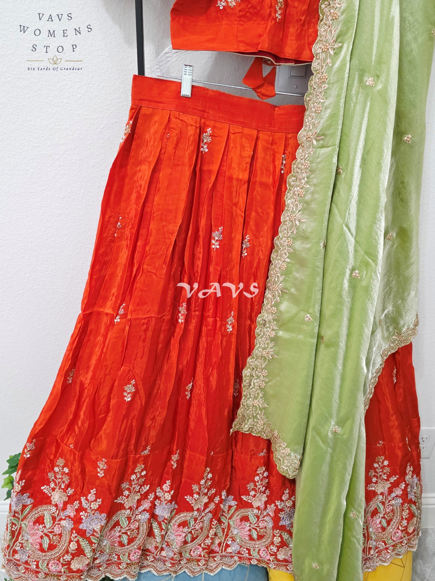 Regal Vermilion Orange & Pistachio Green Munga Crepe Silk Designer Embroidered Lehenga Half Saree Set with Stitched Blouse Size 38-44