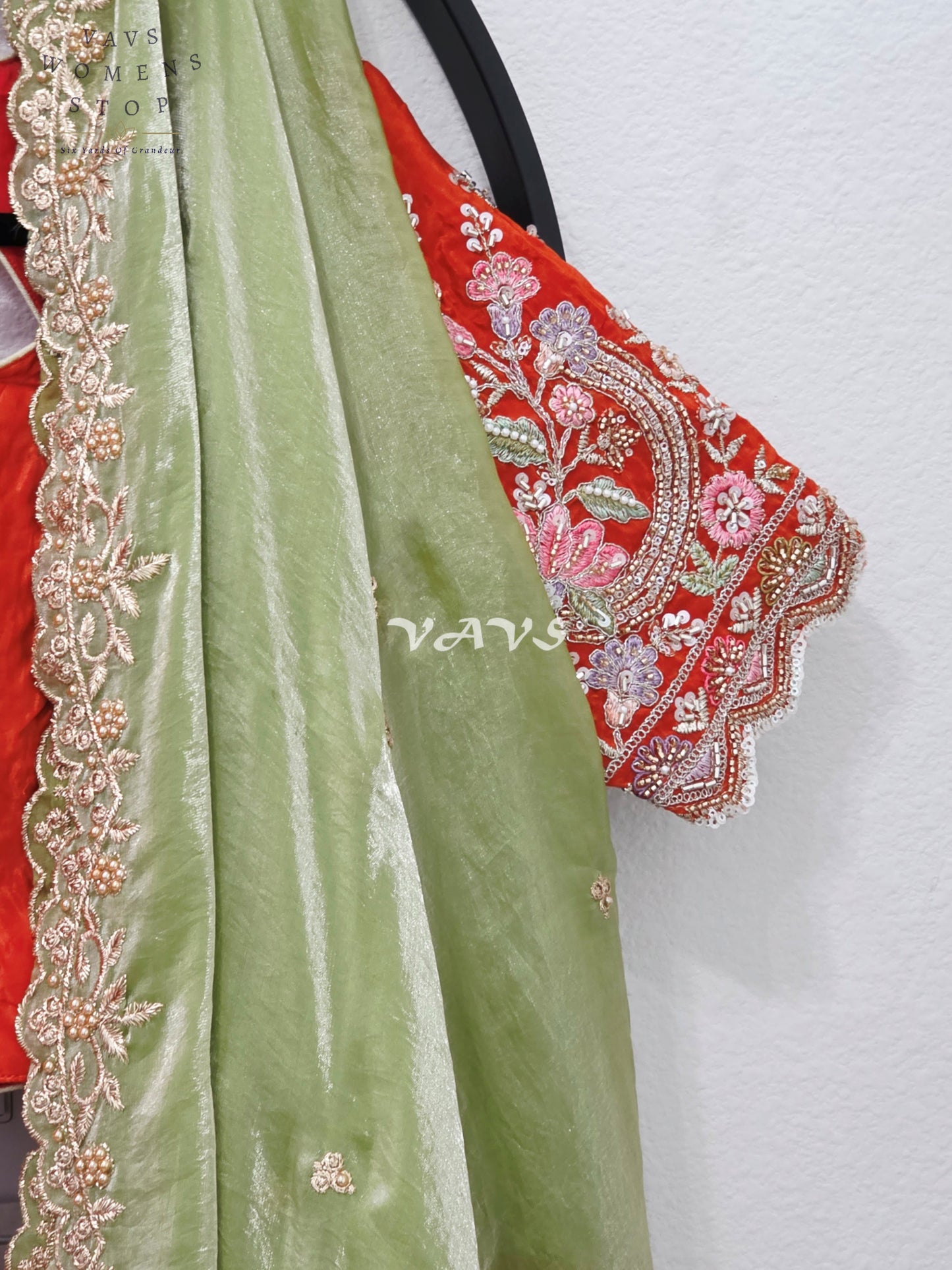 Regal Vermilion Orange & Pistachio Green Munga Crepe Silk Designer Embroidered Lehenga Half Saree Set with Stitched Blouse Size 38-44
