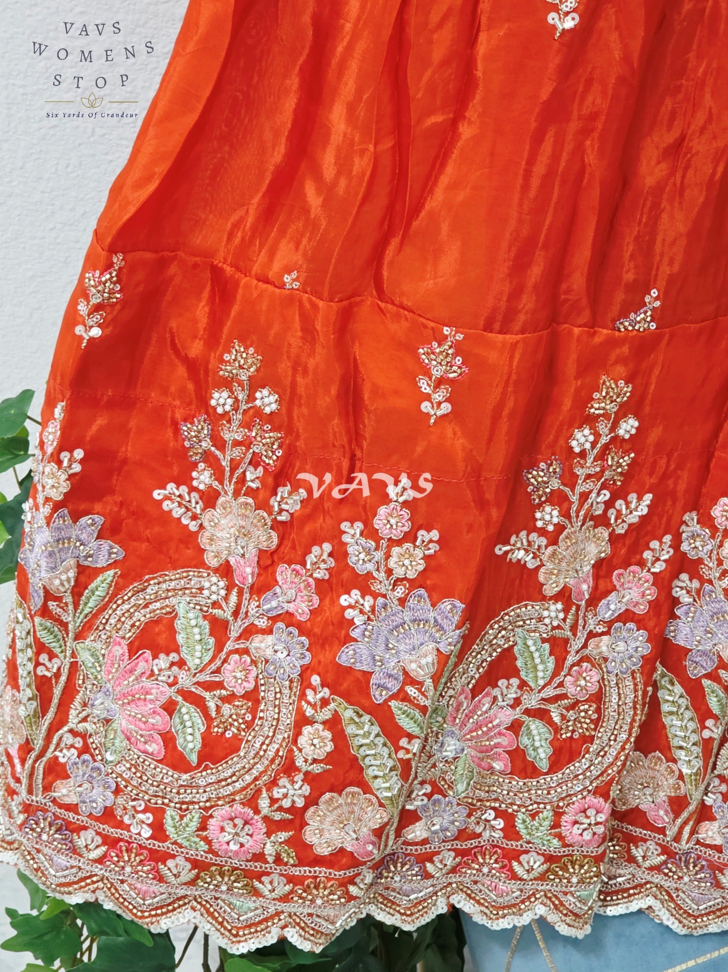 Regal Vermilion Orange & Pistachio Green Munga Crepe Silk Designer Embroidered Lehenga Half Saree Set with Stitched Blouse Size 38-44
