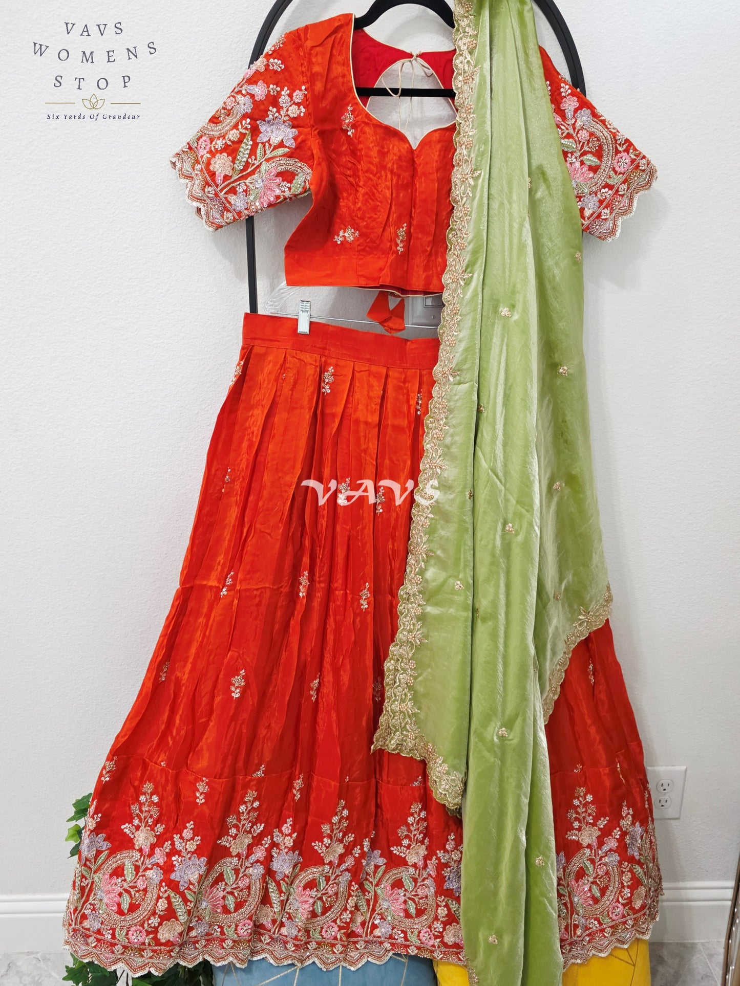 Regal Vermilion Orange & Pistachio Green Munga Crepe Silk Designer Embroidered Lehenga Half Saree Set with Stitched Blouse Size 38-44