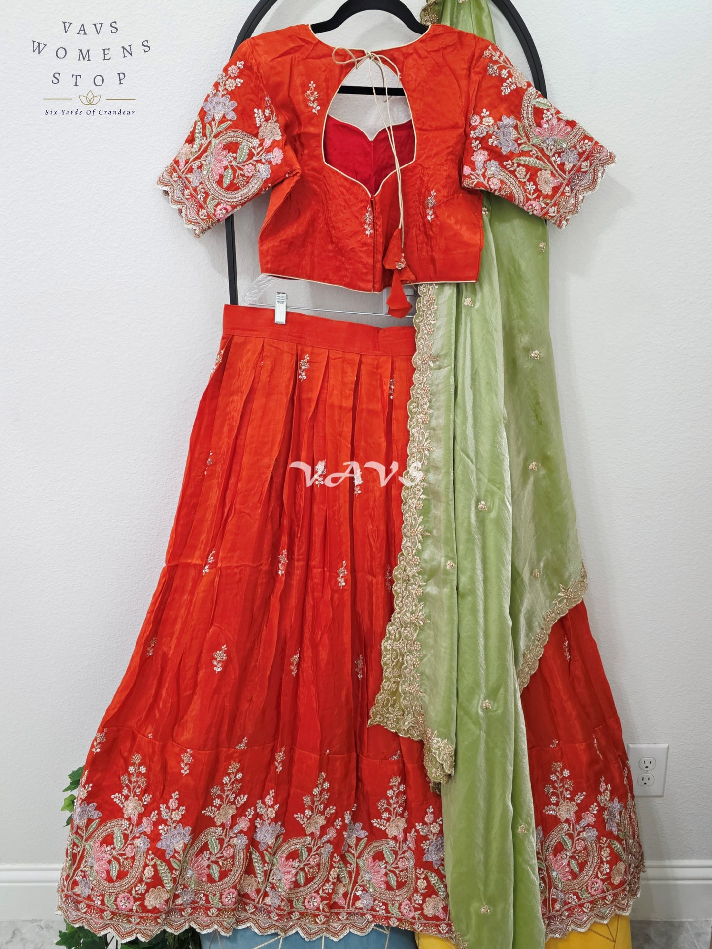 Regal Vermilion Orange & Pistachio Green Munga Crepe Silk Designer Embroidered Lehenga Half Saree Set with Stitched Blouse Size 38-44