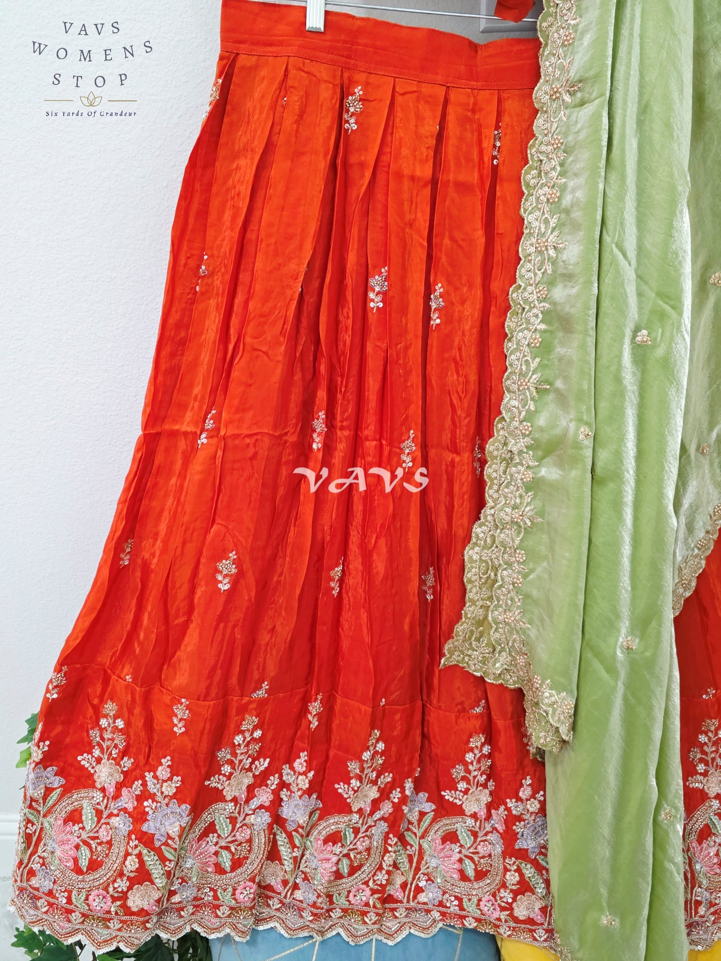 Regal Vermilion Orange & Pistachio Green Munga Crepe Silk Designer Embroidered Lehenga Half Saree Set with Stitched Blouse Size 38-44