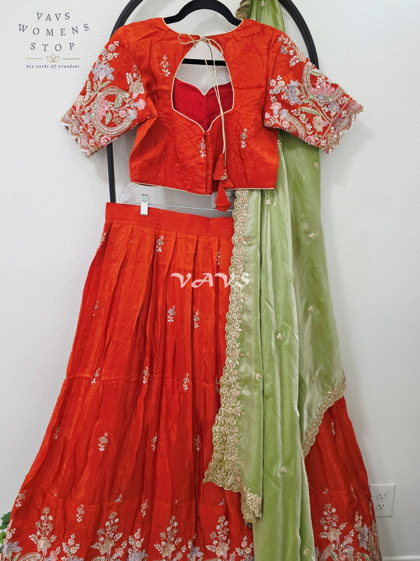 Regal Vermilion Orange & Pistachio Green Munga Crepe Silk Designer Embroidered Lehenga Half Saree Set with Stitched Blouse Size 38-44