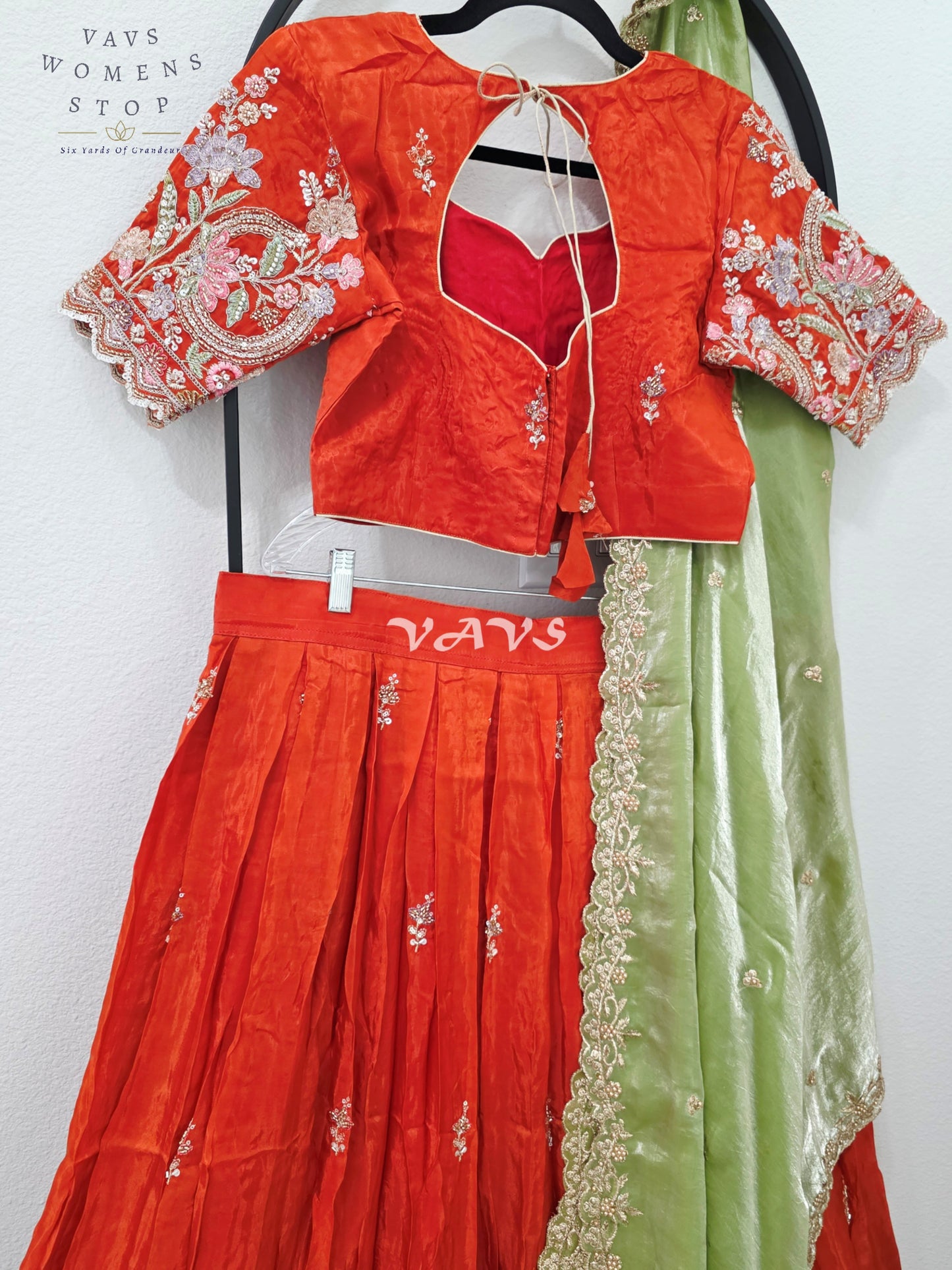 Regal Vermilion Orange & Pistachio Green Munga Crepe Silk Designer Embroidered Lehenga Half Saree Set with Stitched Blouse Size 38-44