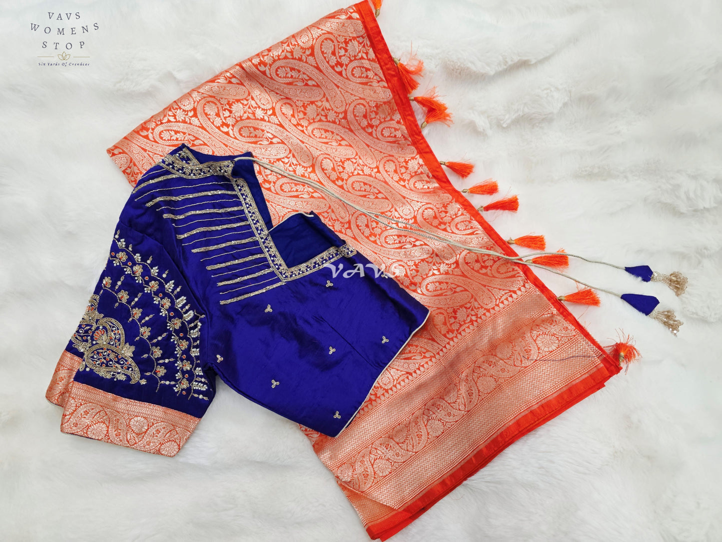 Royal Orange Pure Banarasi Katan Silk Paisley Saree with Royal Blue Maggam Blouse Size 38-44