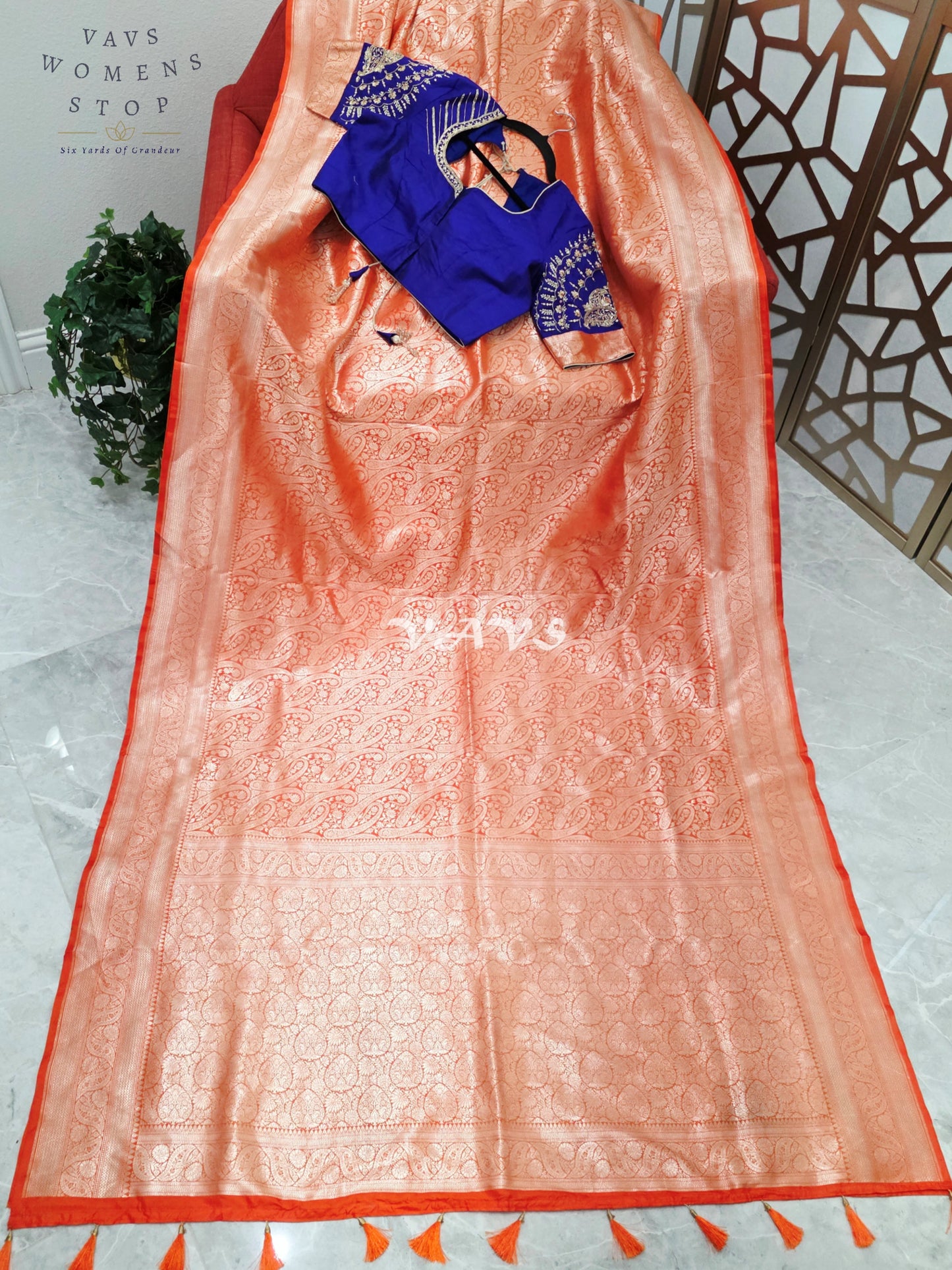 Royal Orange Pure Banarasi Katan Silk Paisley Saree with Royal Blue Maggam Blouse Size 38-44