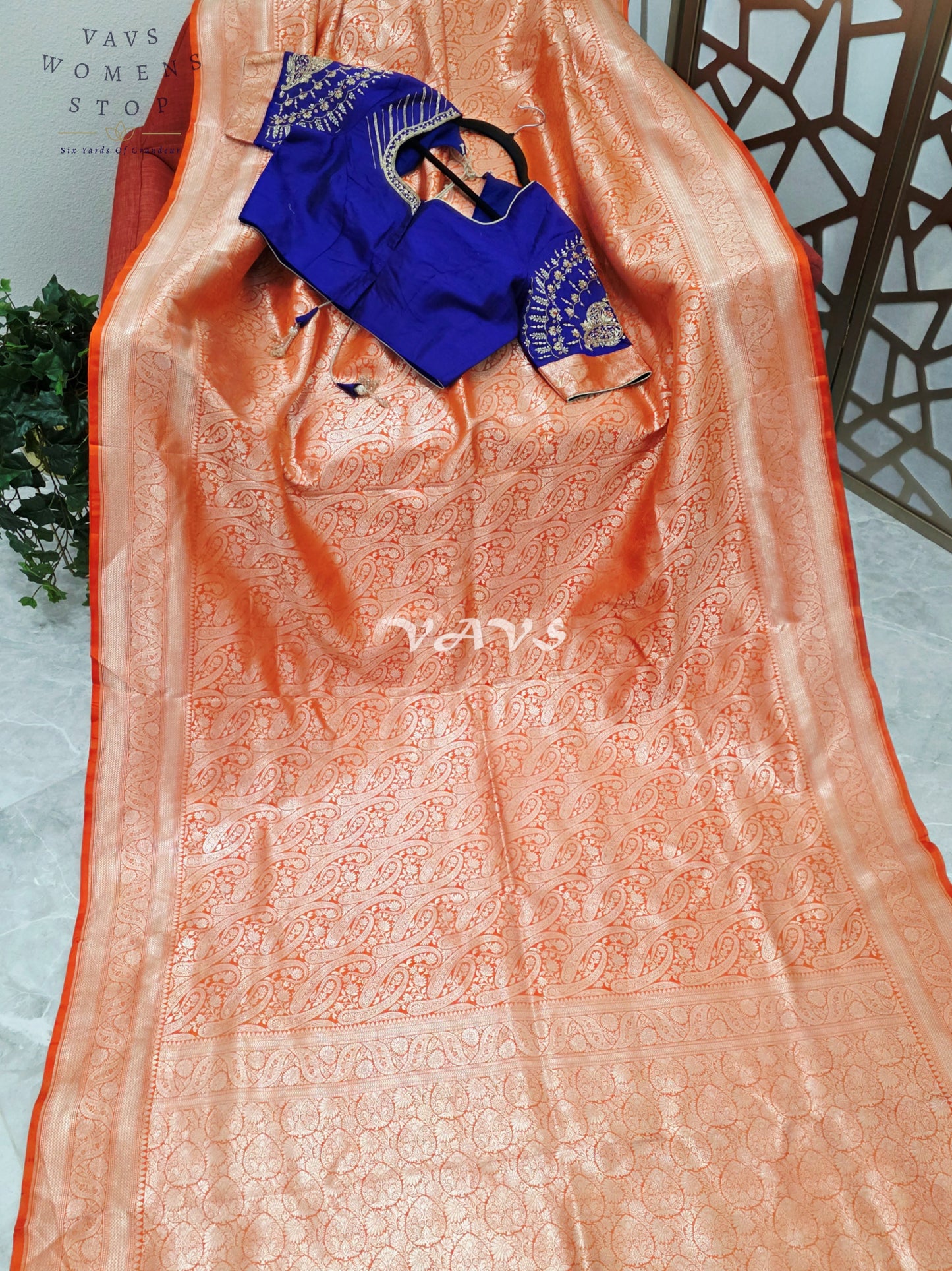 Royal Orange Pure Banarasi Katan Silk Paisley Saree with Royal Blue Maggam Blouse Size 38-44