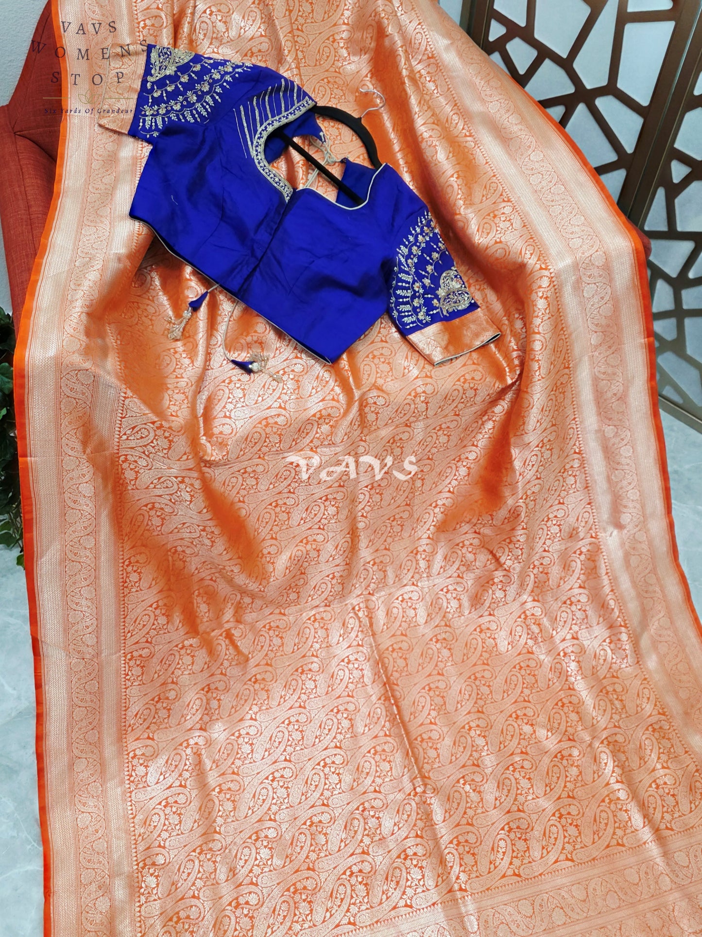 Royal Orange Pure Banarasi Katan Silk Paisley Saree with Royal Blue Maggam Blouse Size 38-44