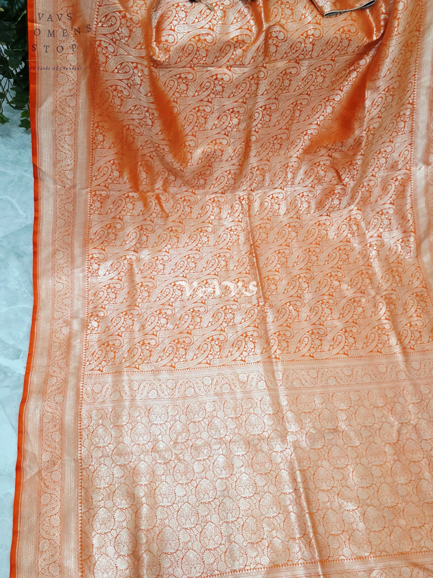 Royal Orange Pure Banarasi Katan Silk Paisley Saree with Royal Blue Maggam Blouse Size 38-44