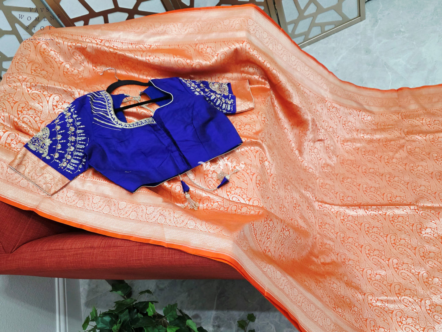Royal Orange Pure Banarasi Katan Silk Paisley Saree with Royal Blue Maggam Blouse Size 38-44