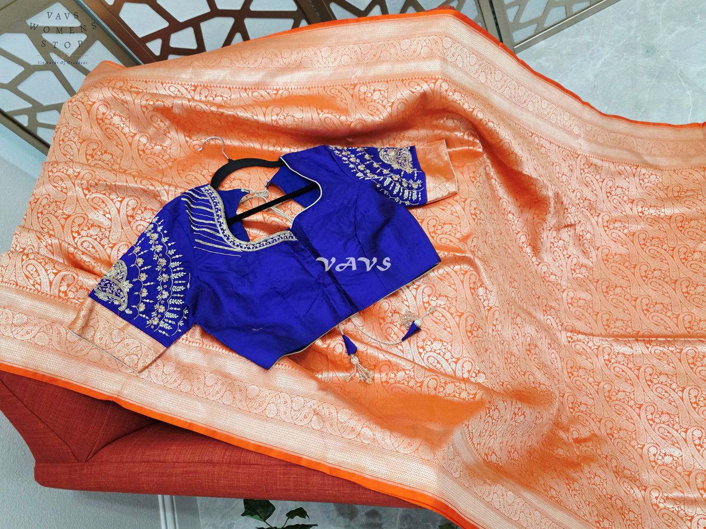 Royal Orange Pure Banarasi Katan Silk Paisley Saree with Royal Blue Maggam Blouse Size 38-44
