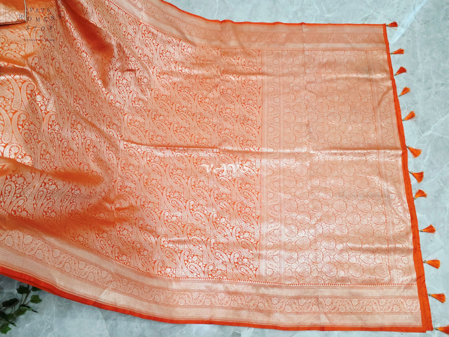 Royal Orange Pure Banarasi Katan Silk Paisley Saree with Royal Blue Maggam Blouse Size 38-44