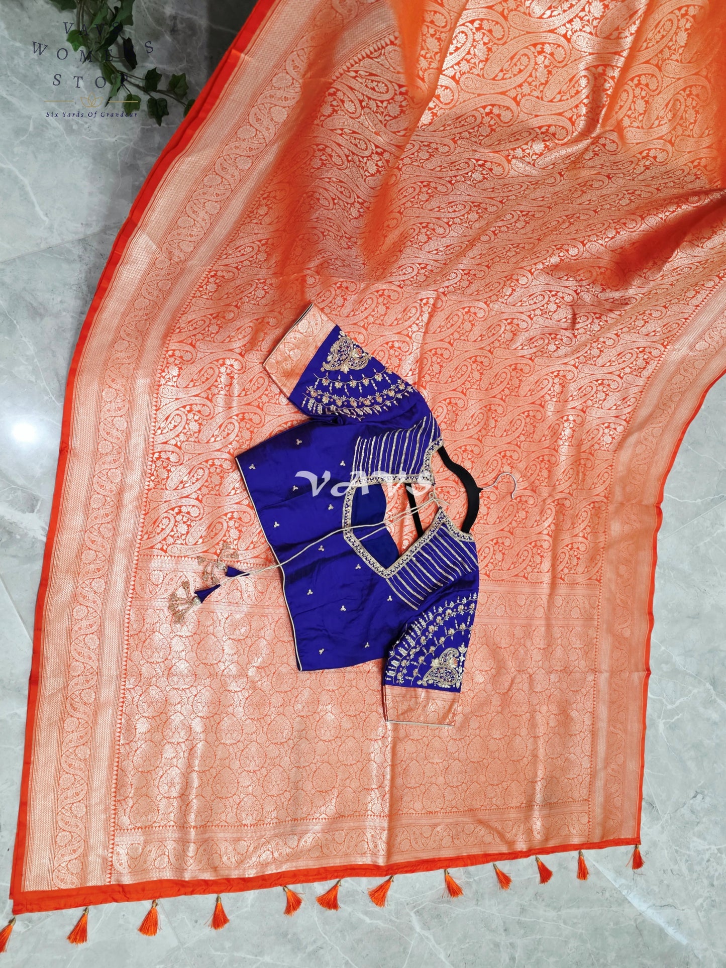 Royal Orange Pure Banarasi Katan Silk Paisley Saree with Royal Blue Maggam Blouse Size 38-44