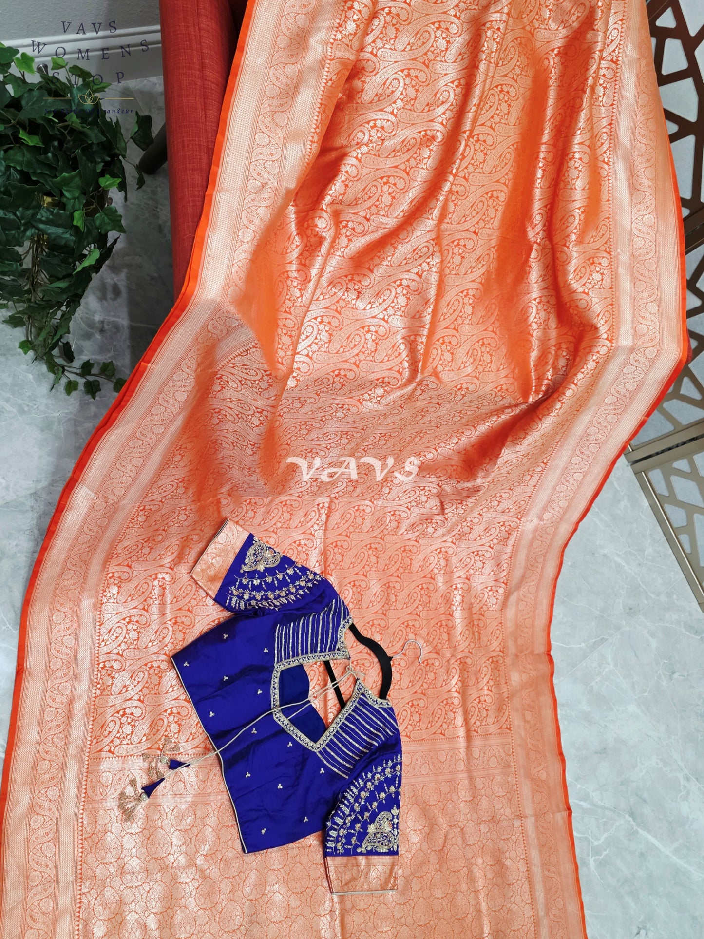 Royal Orange Pure Banarasi Katan Silk Paisley Saree with Royal Blue Maggam Blouse Size 38-44