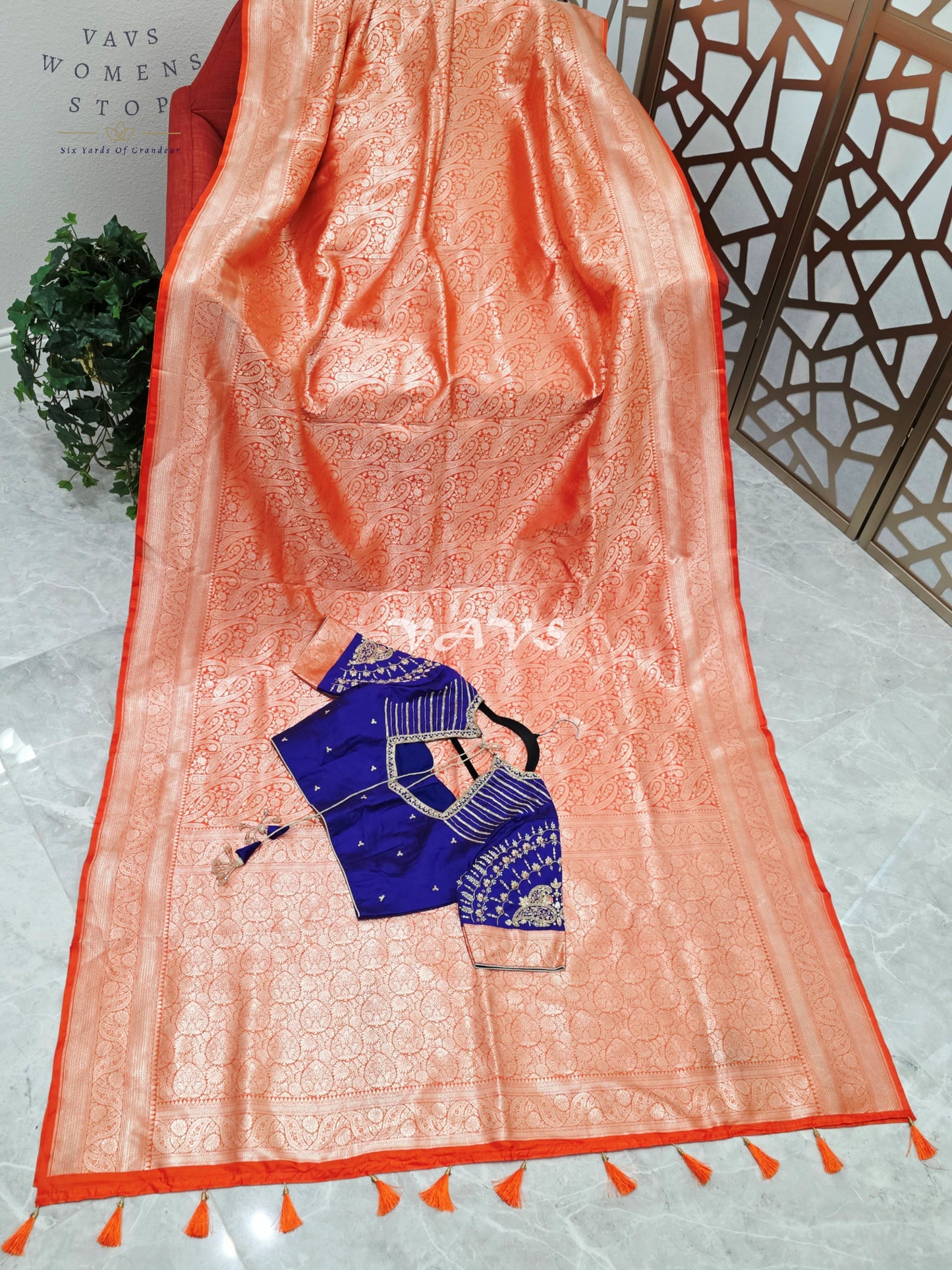 Royal Orange Pure Banarasi Katan Silk Paisley Saree with Royal Blue Maggam Blouse Size 38-44