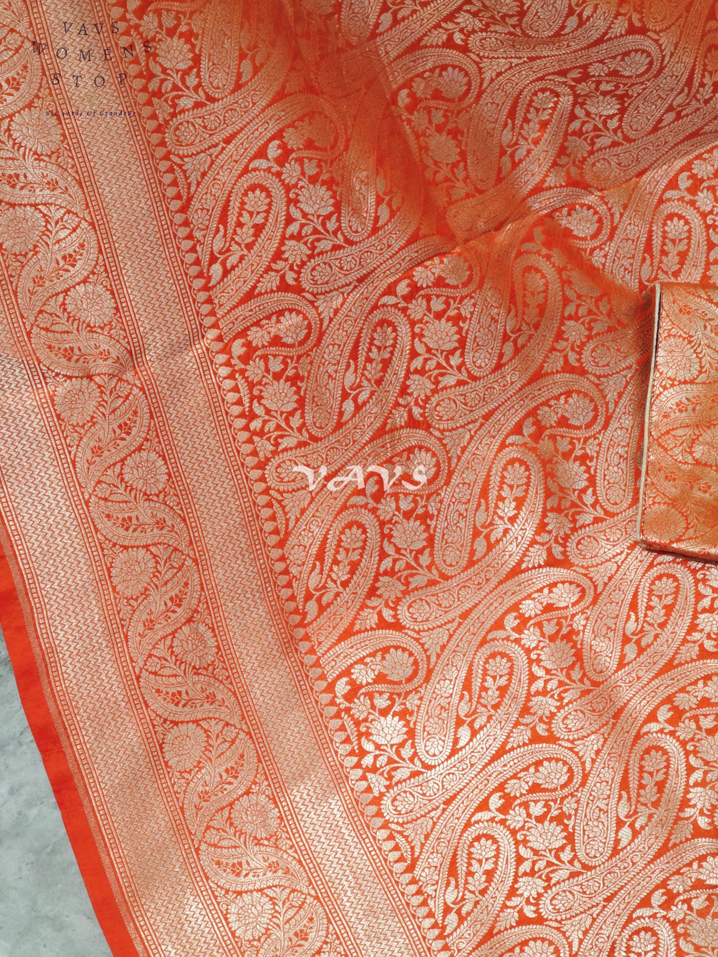 Royal Orange Pure Banarasi Katan Silk Paisley Saree with Royal Blue Maggam Blouse Size 38-44
