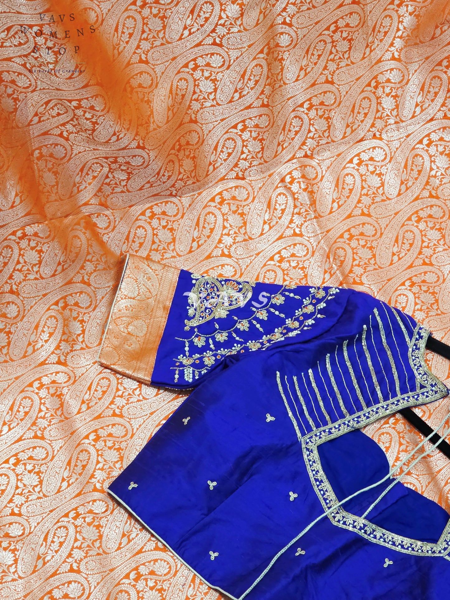 Royal Orange Pure Banarasi Katan Silk Paisley Saree with Royal Blue Maggam Blouse Size 38-44