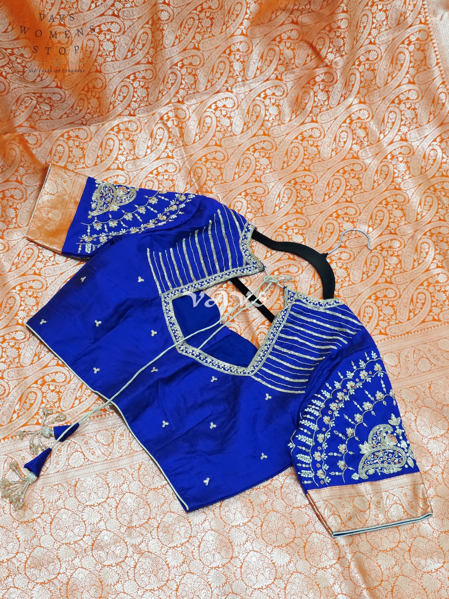 Royal Orange Pure Banarasi Katan Silk Paisley Saree with Royal Blue Maggam Blouse Size 38-44