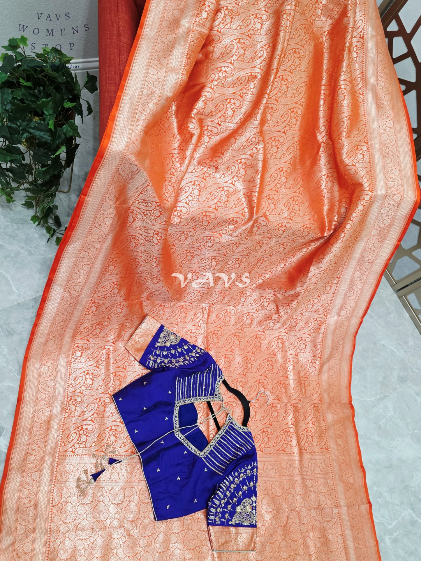 Royal Orange Pure Banarasi Katan Silk Paisley Saree with Royal Blue Maggam Blouse Size 38-44