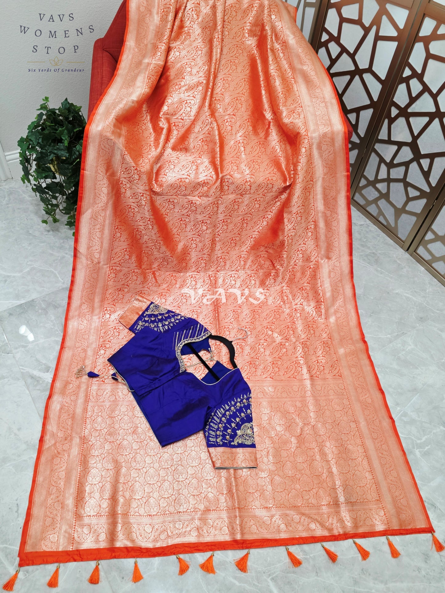 Royal Orange Pure Banarasi Katan Silk Paisley Saree with Royal Blue Maggam Blouse Size 38-44