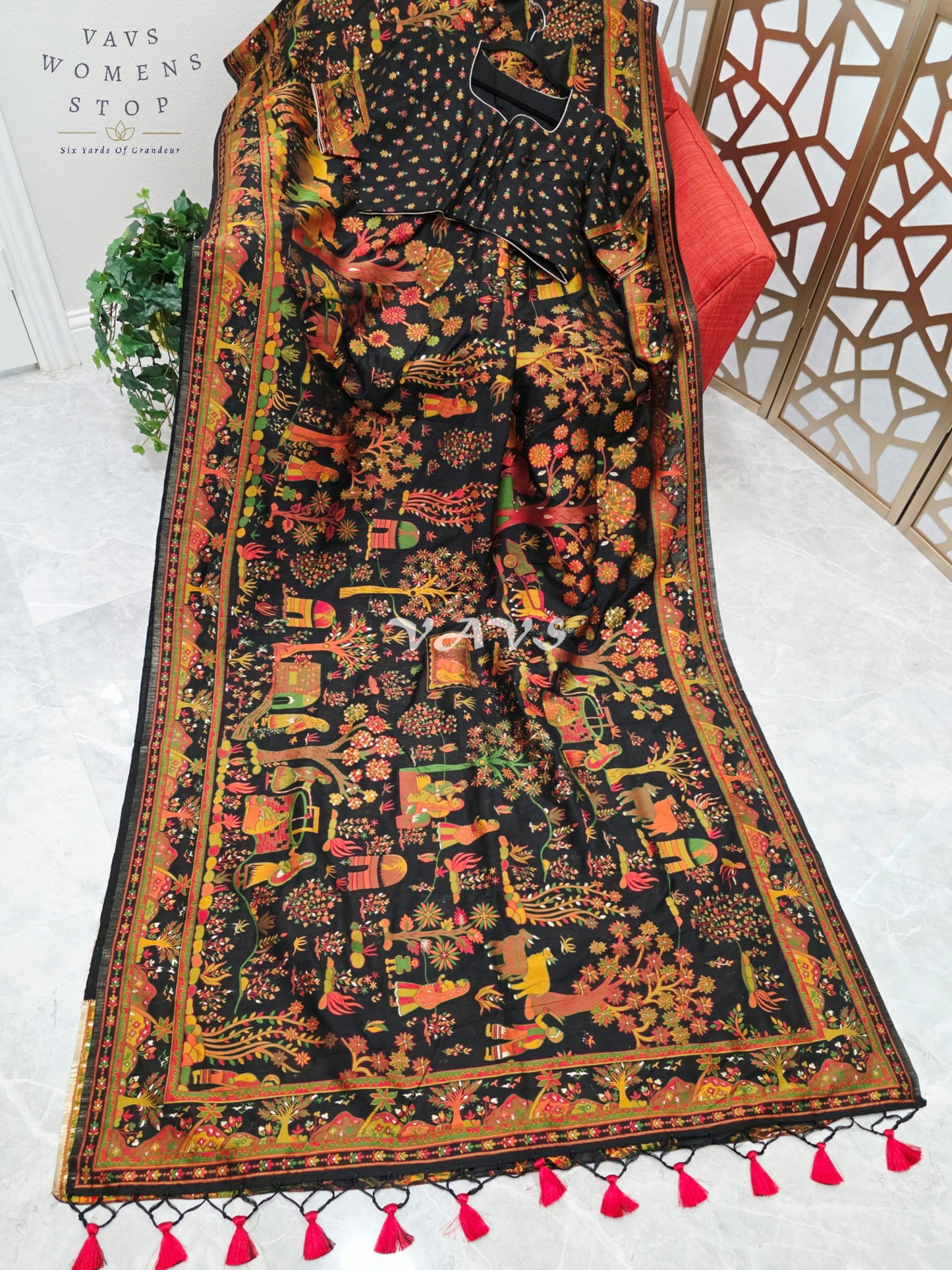 Midnight Black Pure Kani Silk Kashmiri Saree with Heritage Village Motifs & Stitched Blouse Size 42-48