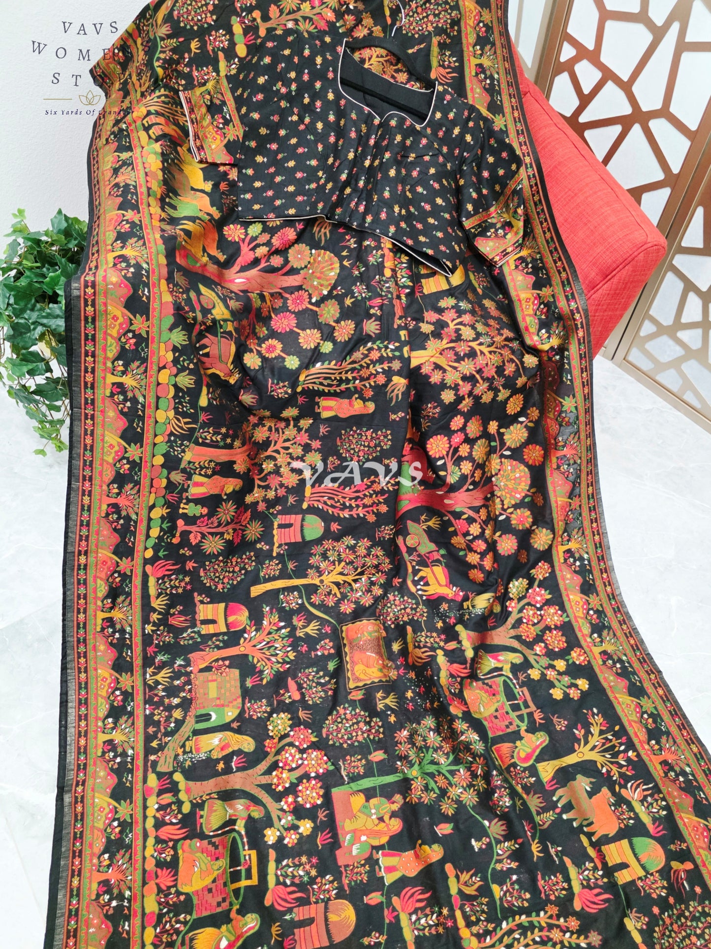 Midnight Black Pure Kani Silk Kashmiri Saree with Heritage Village Motifs & Stitched Blouse Size 42-48