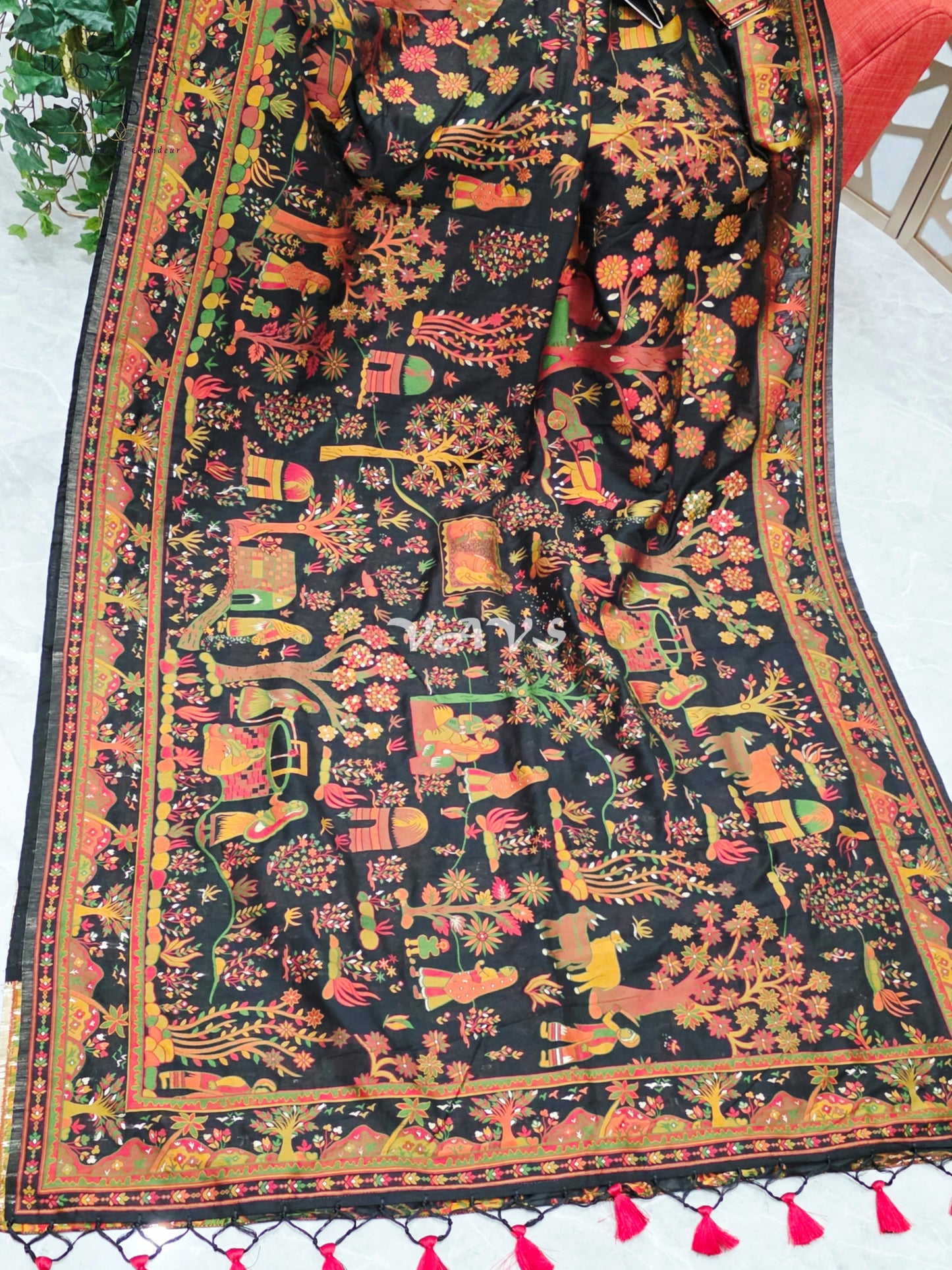 Midnight Black Pure Kani Silk Kashmiri Saree with Heritage Village Motifs & Stitched Blouse Size 42-48