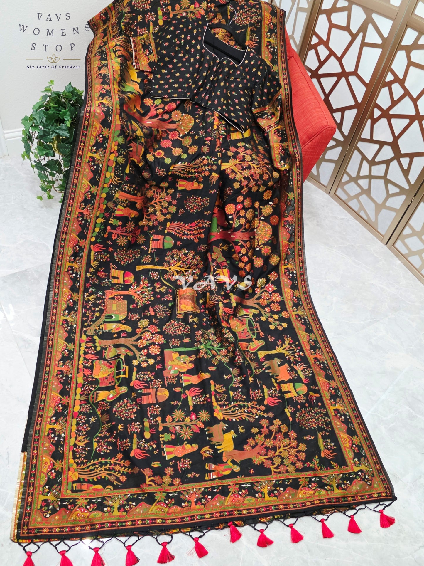 Midnight Black Pure Kani Silk Kashmiri Saree with Heritage Village Motifs & Stitched Blouse Size 42-48