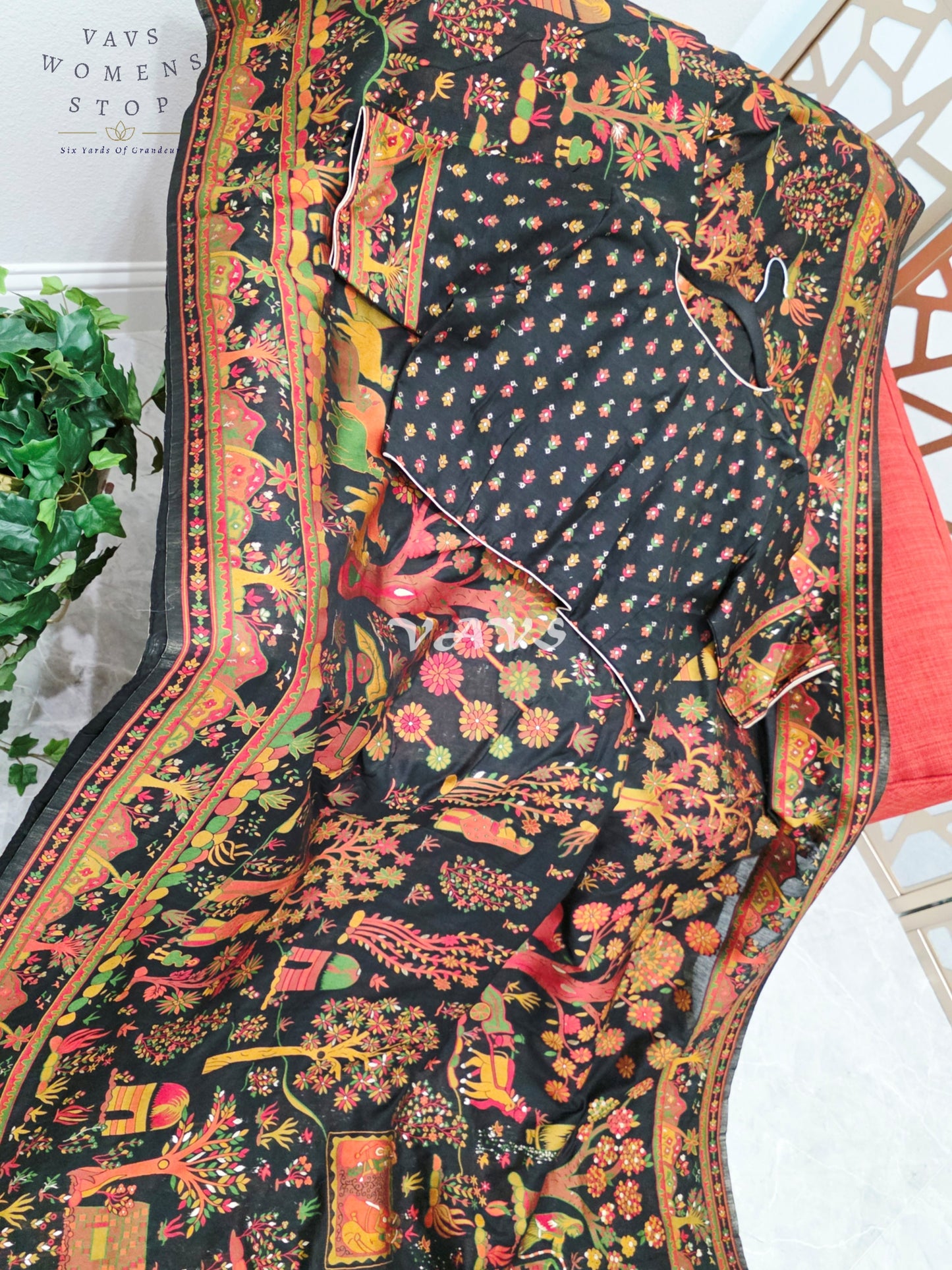 Midnight Black Pure Kani Silk Kashmiri Saree with Heritage Village Motifs & Stitched Blouse Size 42-48
