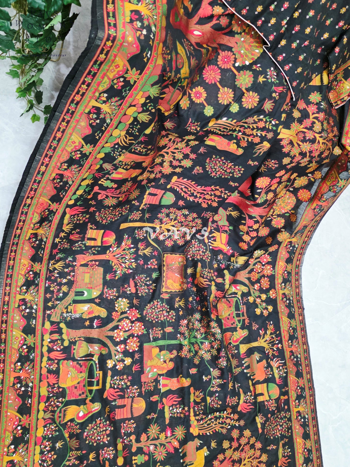 Midnight Black Pure Kani Silk Kashmiri Saree with Heritage Village Motifs & Stitched Blouse Size 42-48