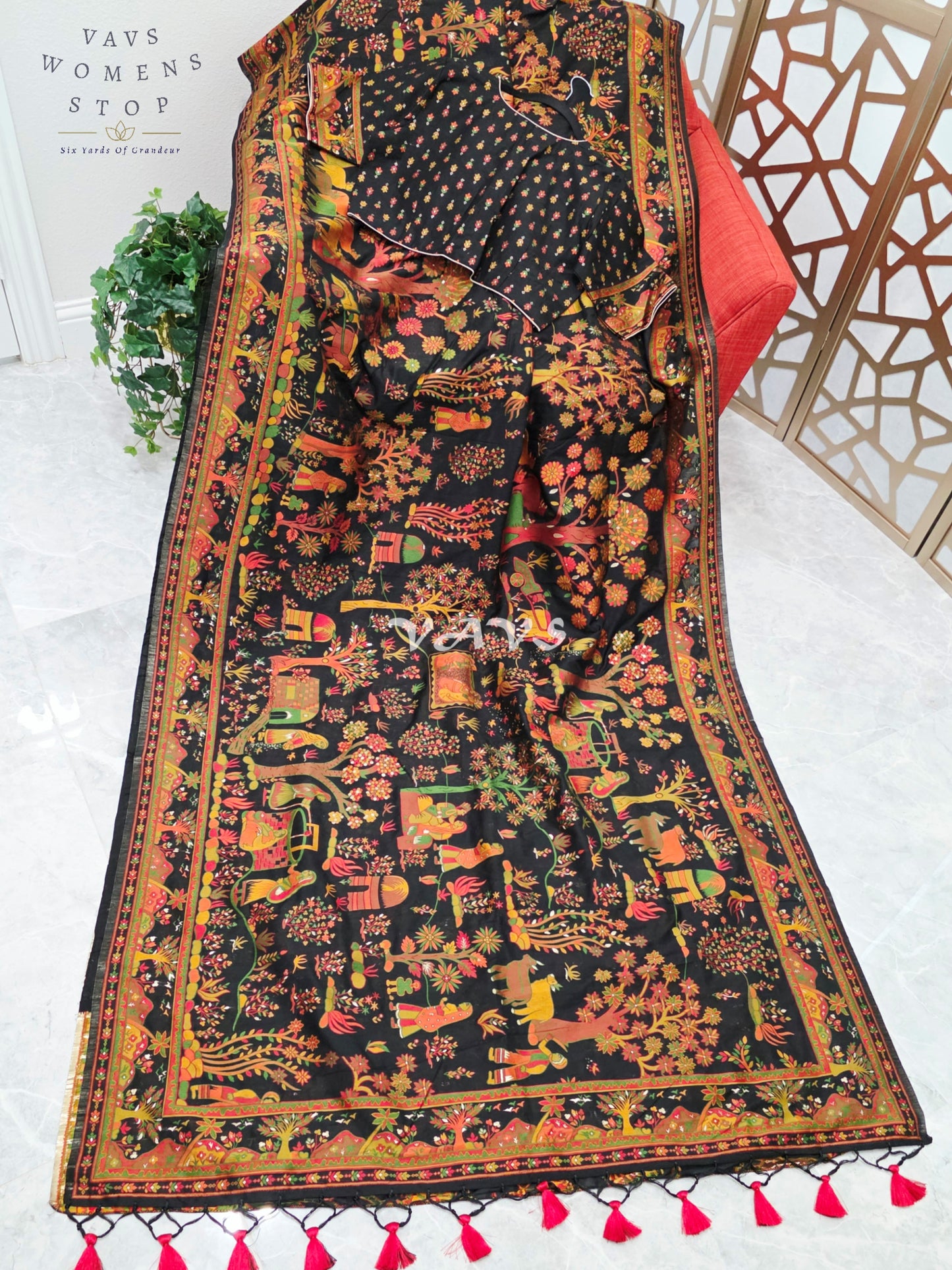 Midnight Black Pure Kani Silk Kashmiri Saree with Heritage Village Motifs & Stitched Blouse Size 42-48