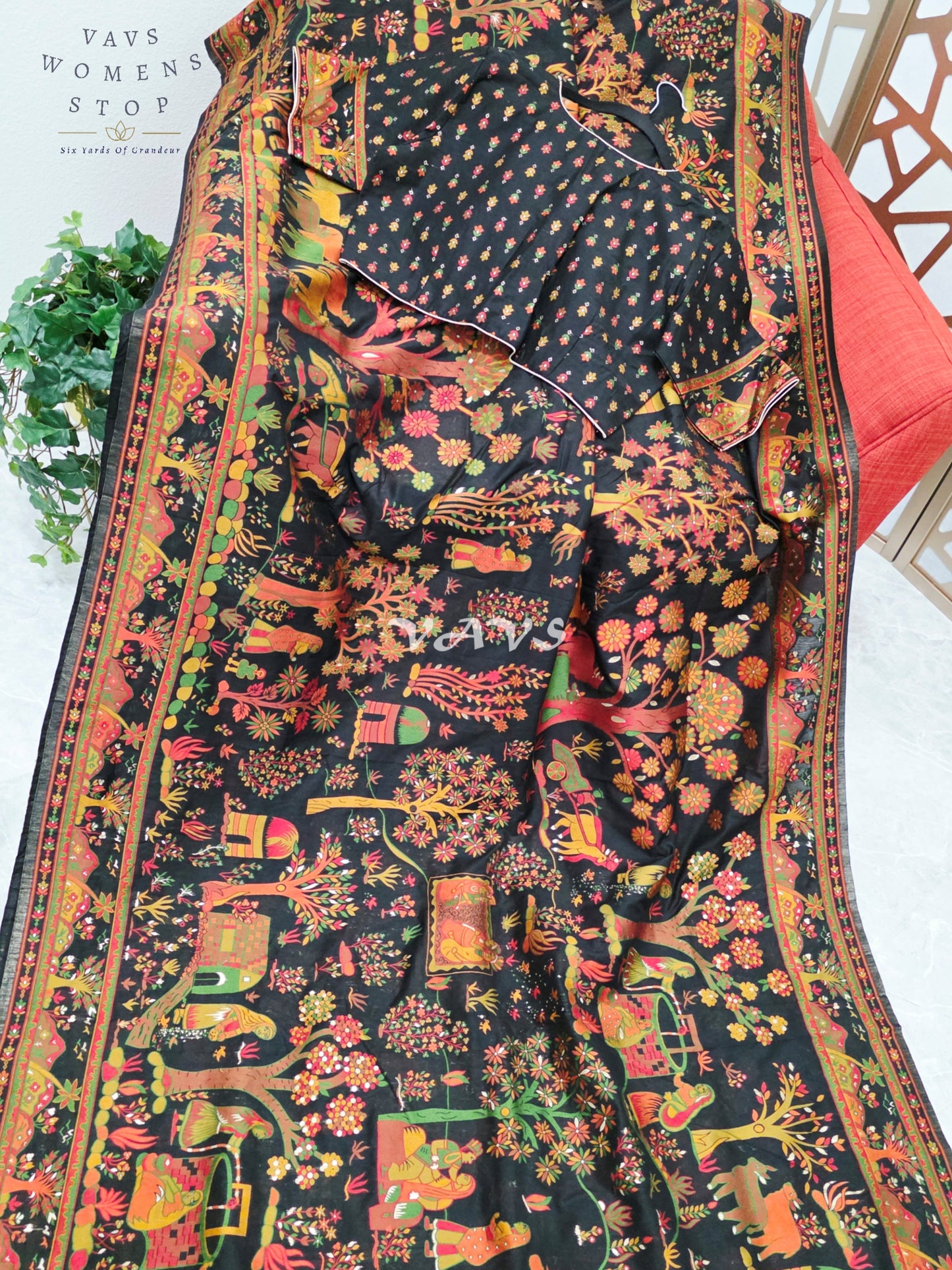 Midnight Black Pure Kani Silk Kashmiri Saree with Heritage Village Motifs & Stitched Blouse Size 42-48
