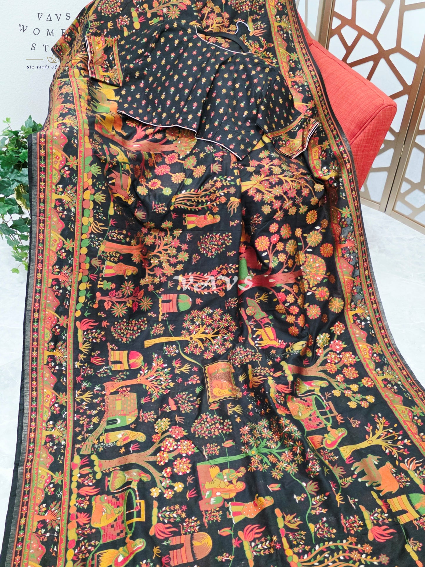 Midnight Black Pure Kani Silk Kashmiri Saree with Heritage Village Motifs & Stitched Blouse Size 42-48