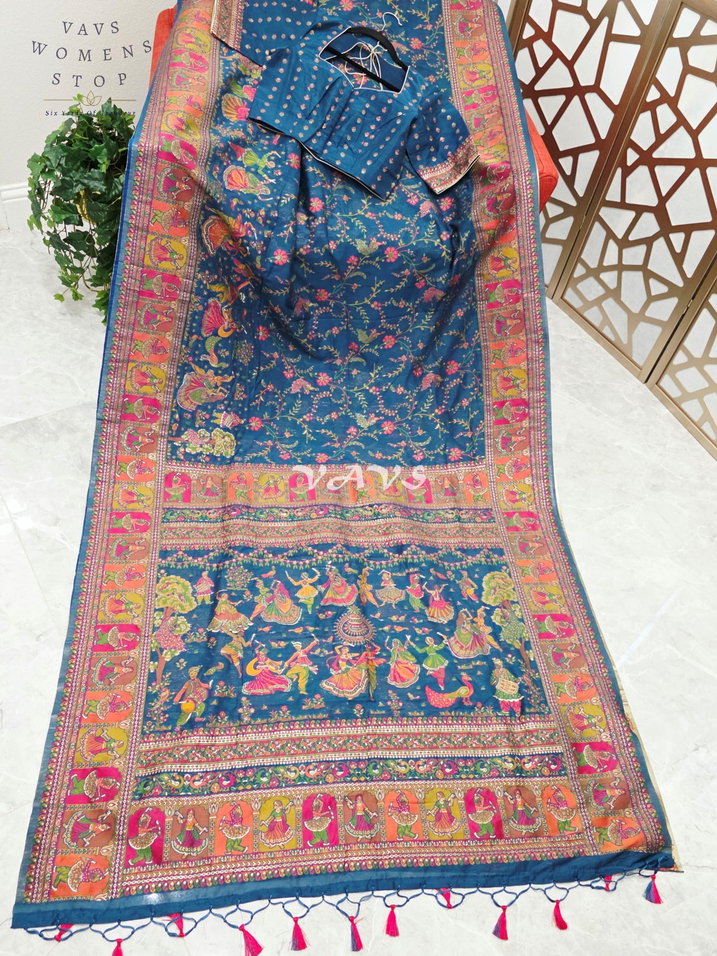 Royal Peacock Blue Pure Kani Silk Kashmiri Saree with Heritage Folk Art Pallu & Stitched Blouse Size 36-42