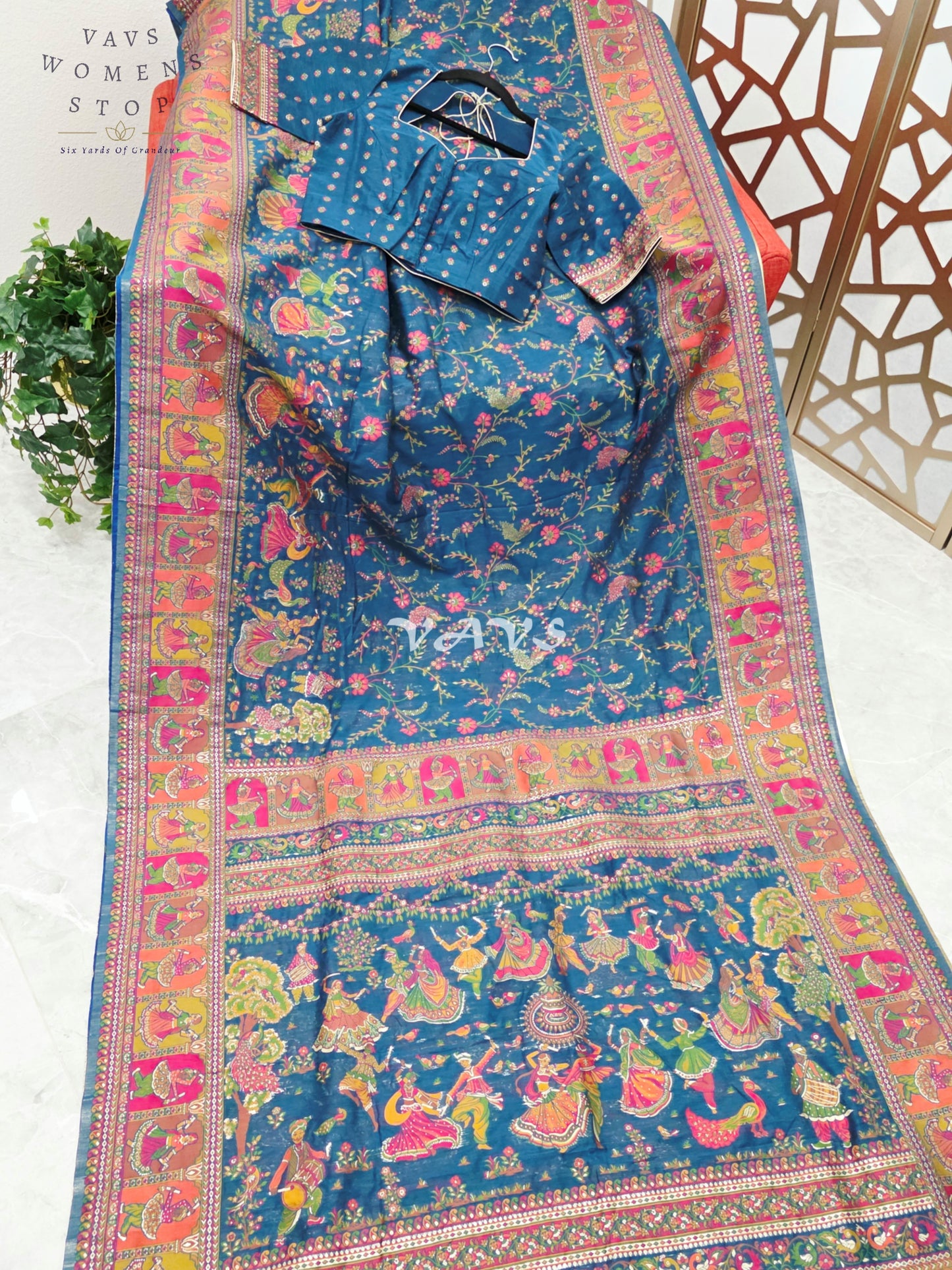 Royal Peacock Blue Pure Kani Silk Kashmiri Saree with Heritage Folk Art Pallu & Stitched Blouse Size 36-42