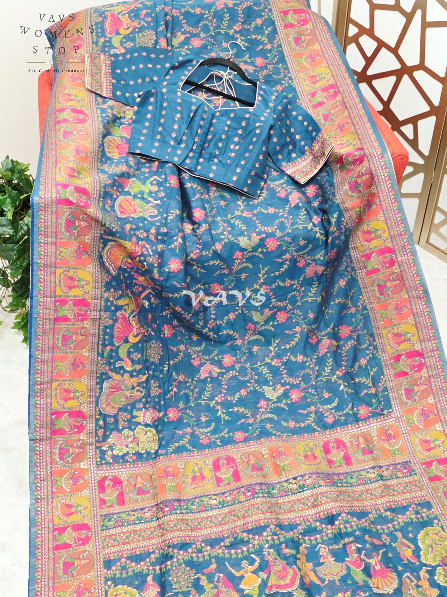 Royal Peacock Blue Pure Kani Silk Kashmiri Saree with Heritage Folk Art Pallu & Stitched Blouse Size 36-42