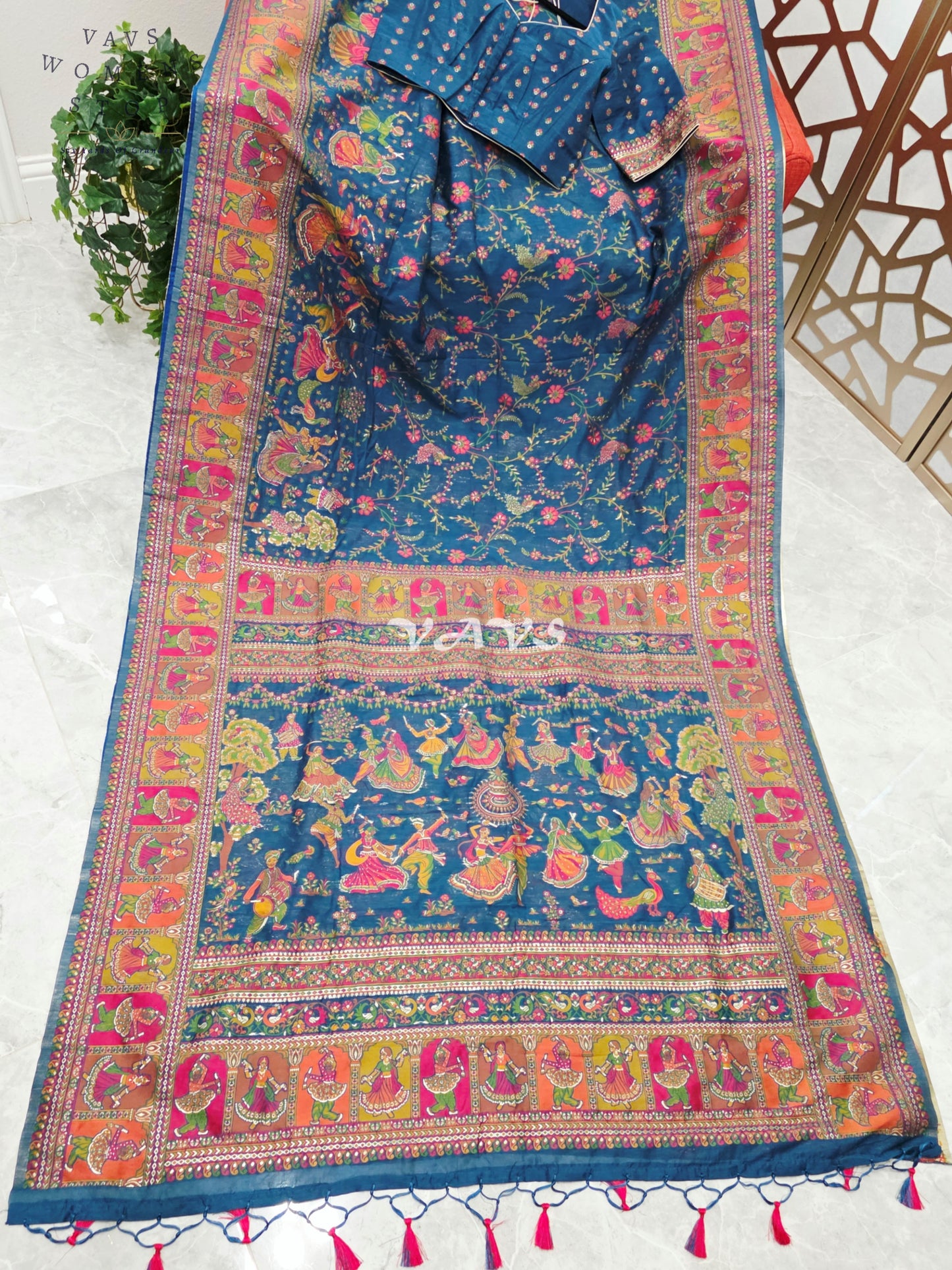 Royal Peacock Blue Pure Kani Silk Kashmiri Saree with Heritage Folk Art Pallu & Stitched Blouse Size 36-42