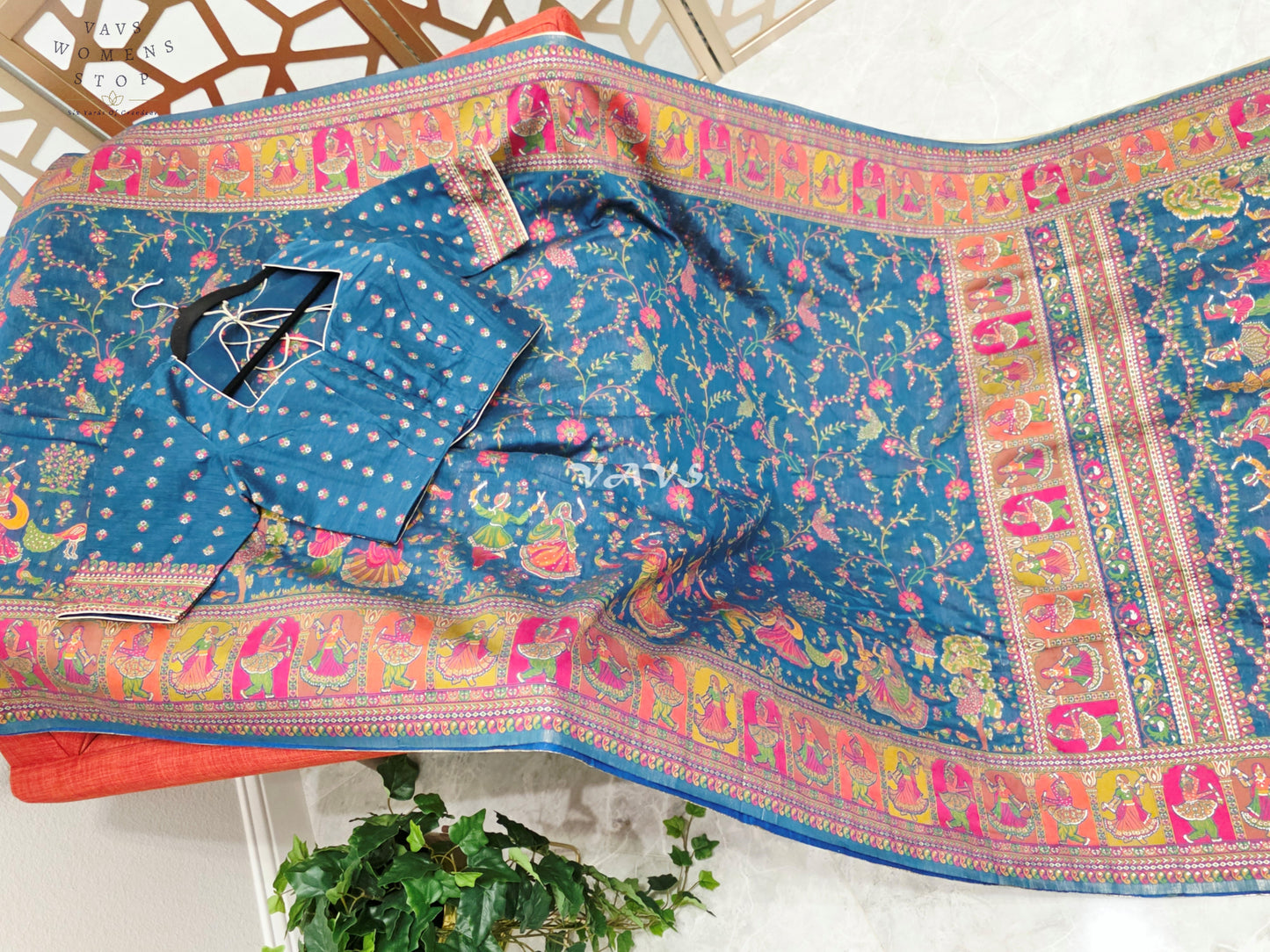 Royal Peacock Blue Pure Kani Silk Kashmiri Saree with Heritage Folk Art Pallu & Stitched Blouse Size 36-42