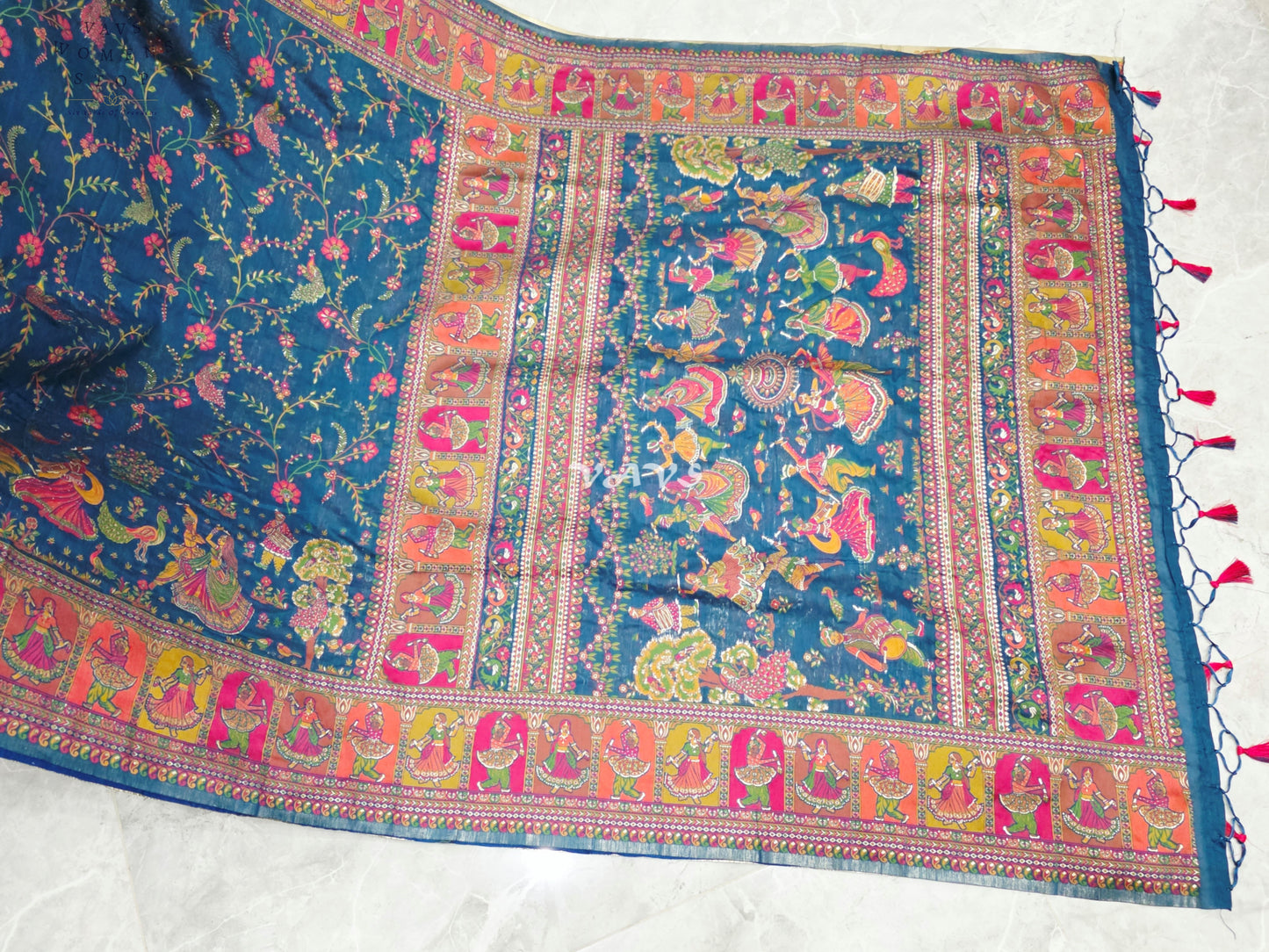 Royal Peacock Blue Pure Kani Silk Kashmiri Saree with Heritage Folk Art Pallu & Stitched Blouse Size 36-42